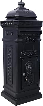 Vintage Large-Capacity Cast Aluminum Mailbox, Outdoor Weatherproof Floor Standing Postbox, Decorative Copper Finish Letter Box with Lock, Roman Column Design for Home Use Black