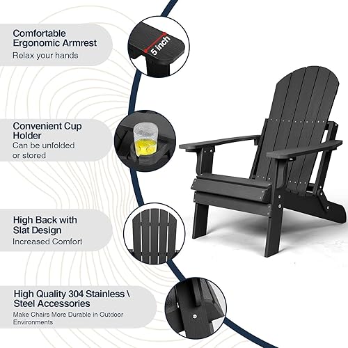 Miniatura 5 de Juego de 4 sillas plegables Adirondack de plástico resistentes a todo tipo de clima, con soporte para tazas, se pliegan o despliegan fácilmente en 1