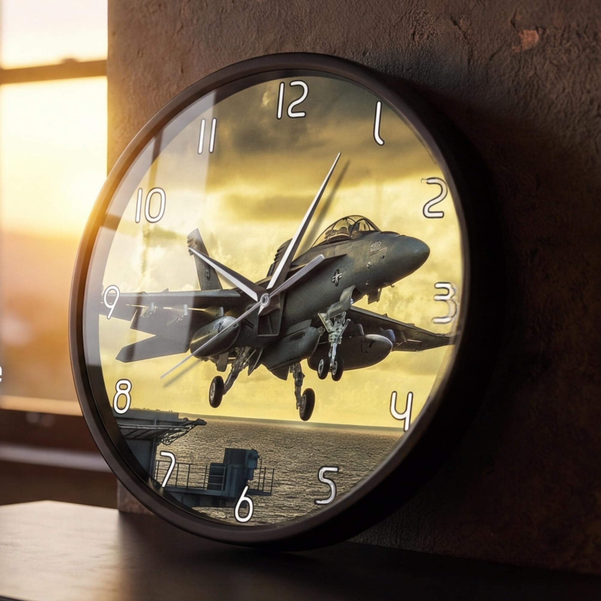 Reloj de pared con marco de metal impreso de avión de salida, silencioso sin tictac, funciona con pilas, avión, aeropuerto, marco de aluminio negro, regalo para piloto, aviador, dormitorio