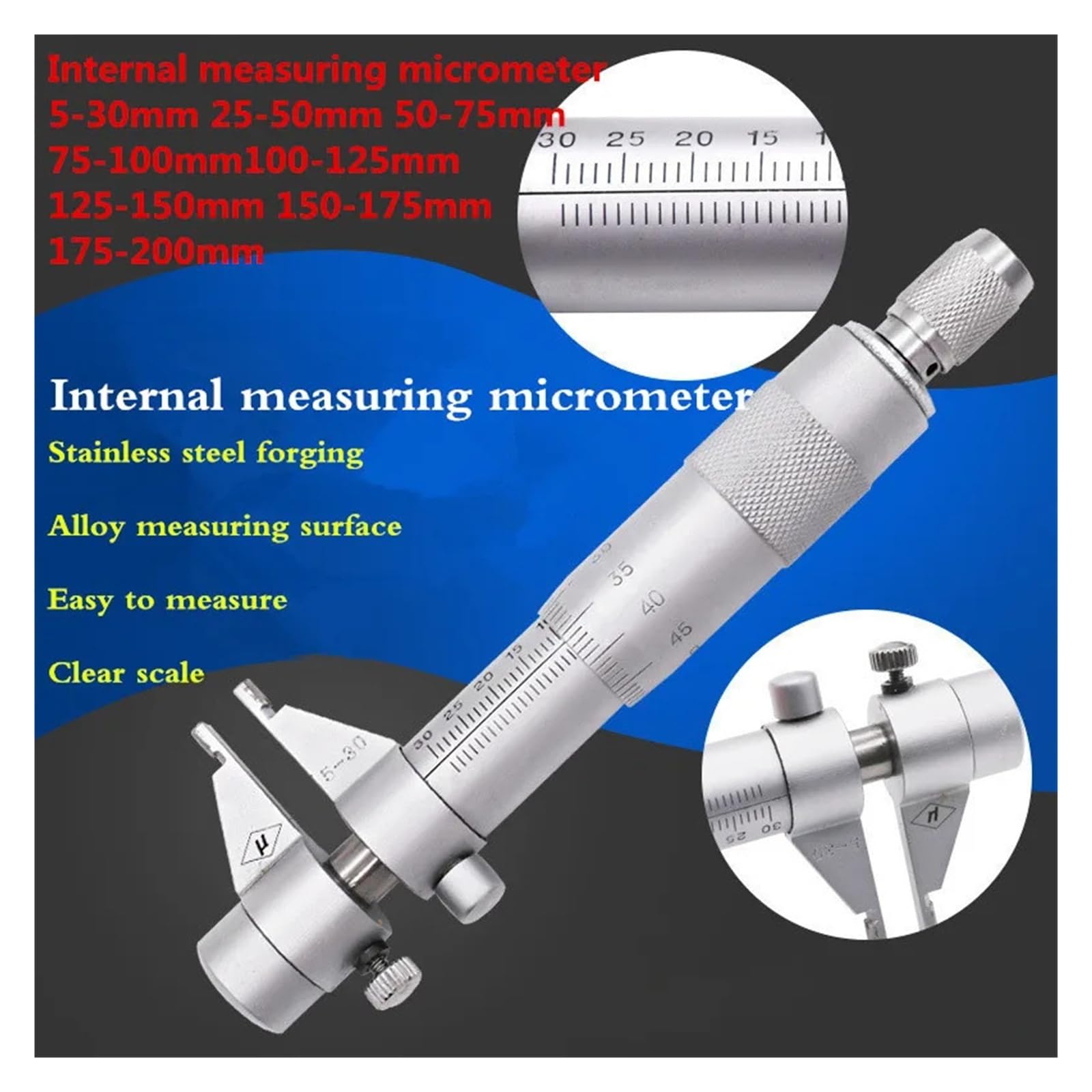 Mikrometr wewnętrzny 0,01 mm, metryczny, grzechotka z węglika spiekanego, narzędzie pomiarowe 5-30 mm, 25-50-75-100-125-150-175-200 mm Zmierz wszystko(125-150mm)