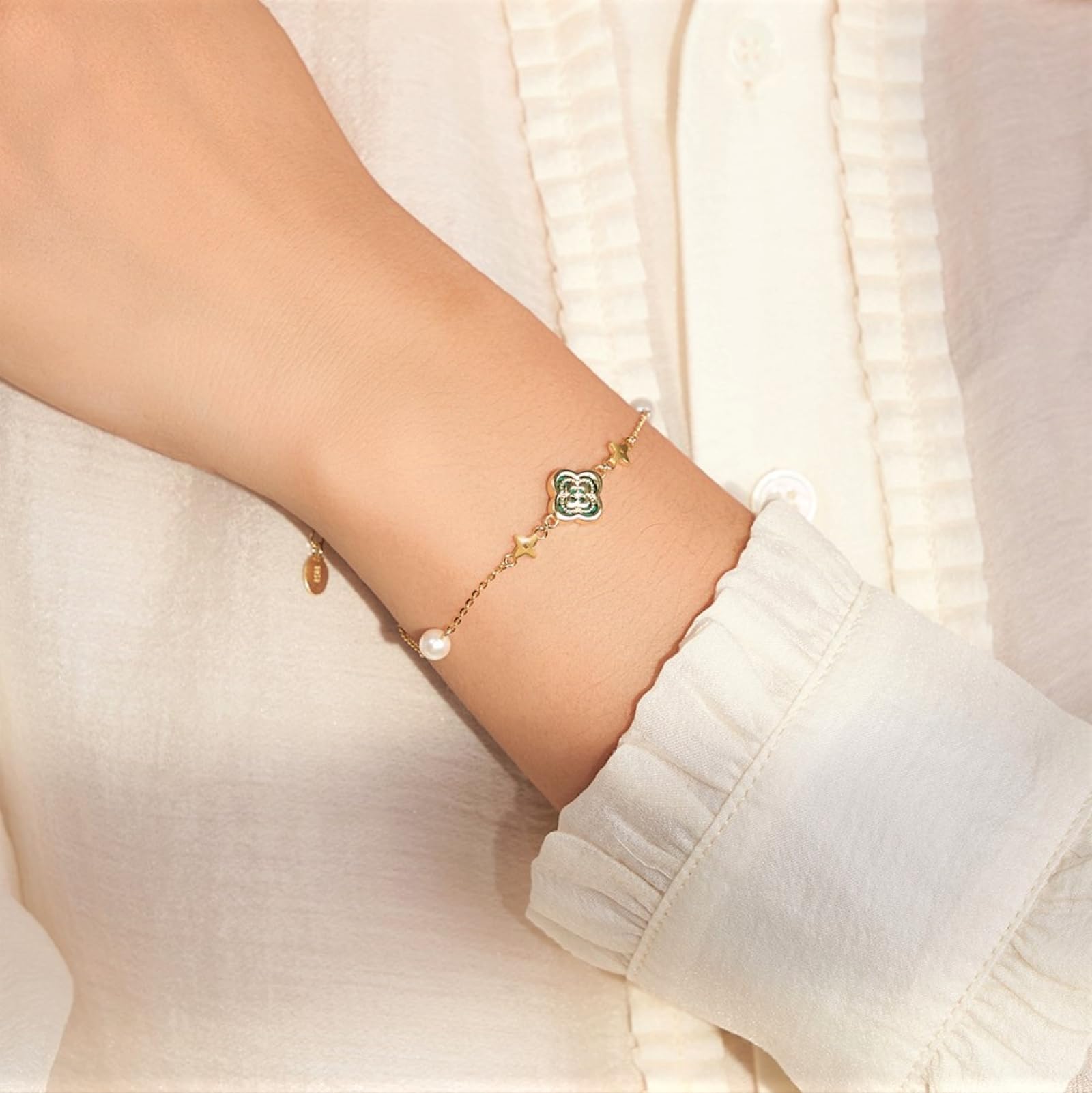 Pulsera de trébol para mujer, pulsera ajustable de plata de ley con perla y malaquita para novia, pulseras de la amistad, regalos para mujeres