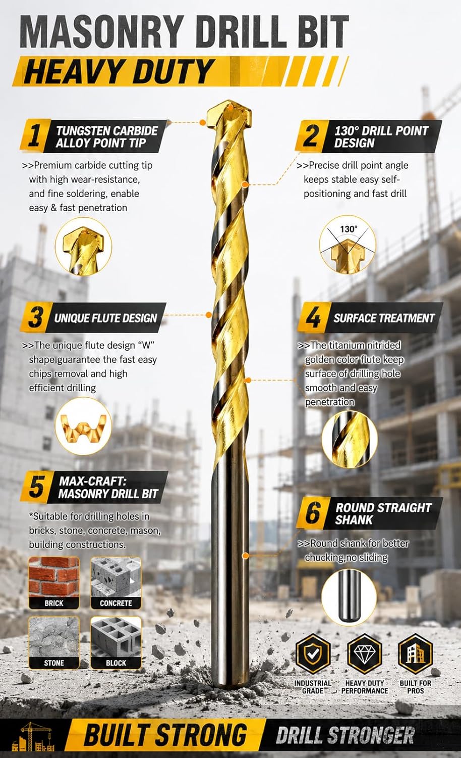 Masonry Drill Bit Set 1/2 in. Carbide Tip Golden Flute Drill Concrete Rock-5Pcs
