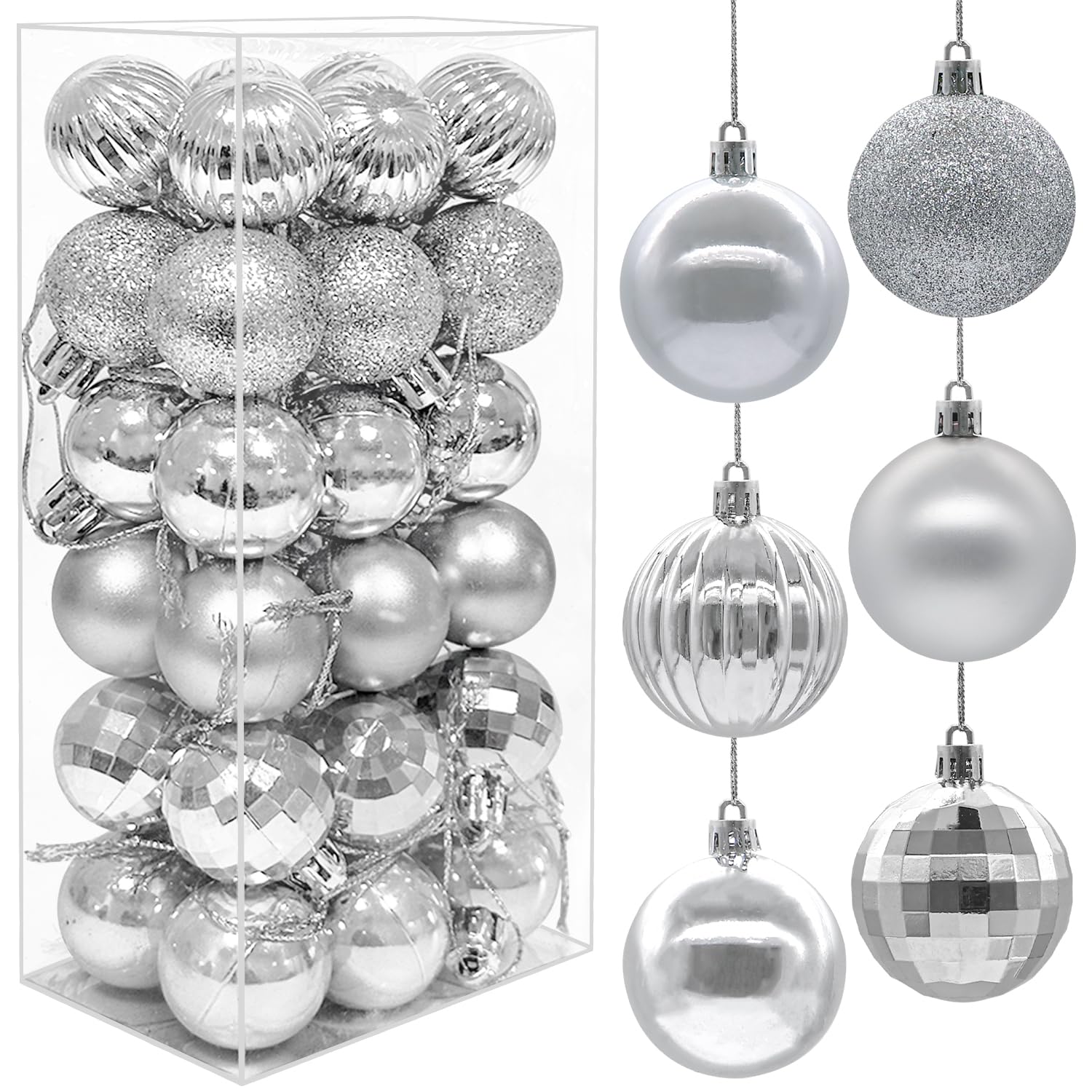 36PCS 6CM Christmas Baubles Christmas Balls Tree Decorations Large Shatterproof Balls Hanging Ornaments for Home Xmas Party, Silver