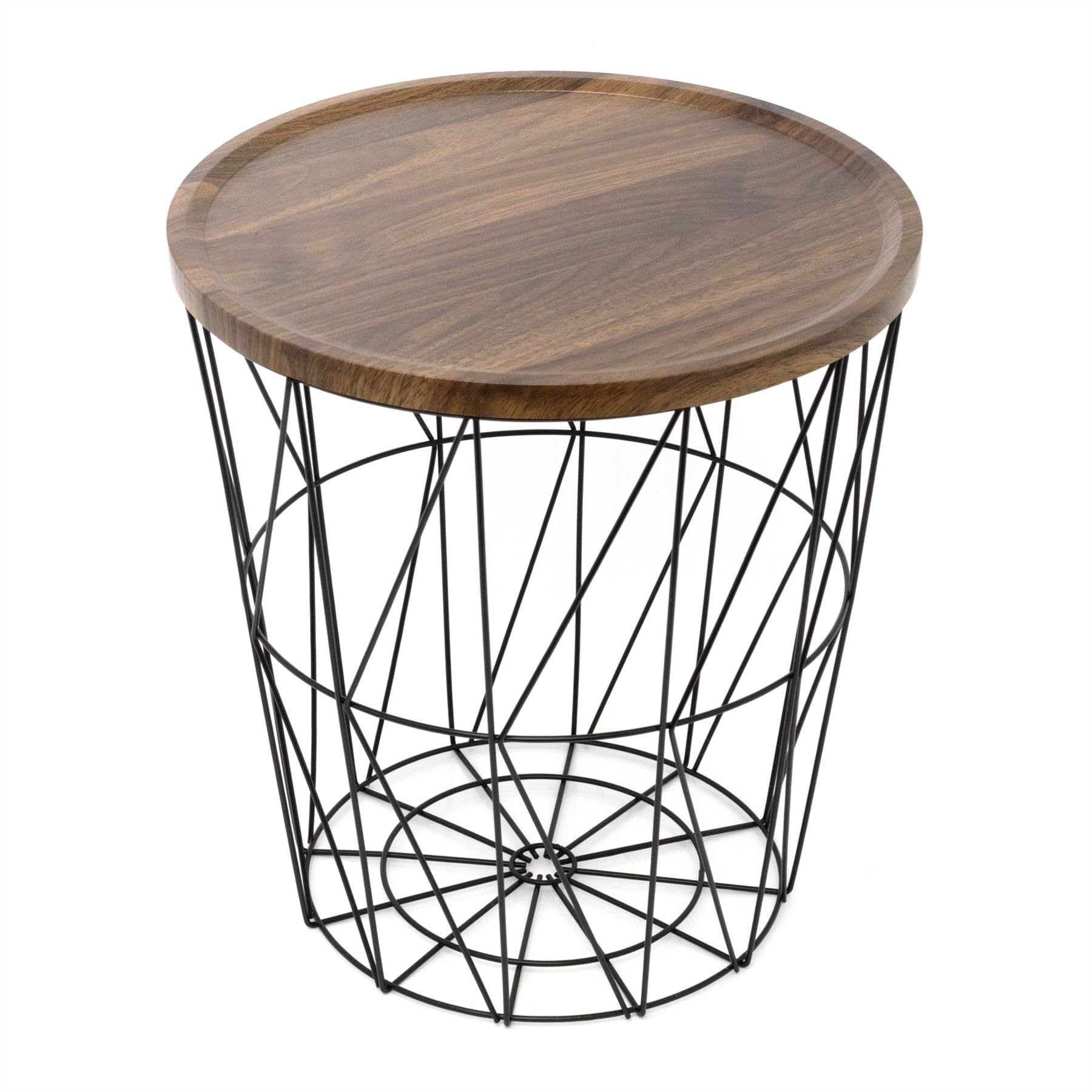 Carousel Home Modern Black Metal Storage Side Table with Wooden Lid | Round Wire Basket Table for Living Room Bedroom - 40cm