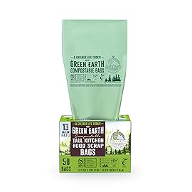 Green Earth Compostable Tall Kitchen Food Scrap Trash Bags, Compost Bin Compatible, 13 Gallon, 49 Liter, 200-Count, Superior Strength 0.9 Mil, ASTM D6400, BPI (US) & OK Compost Home (EU) Certified