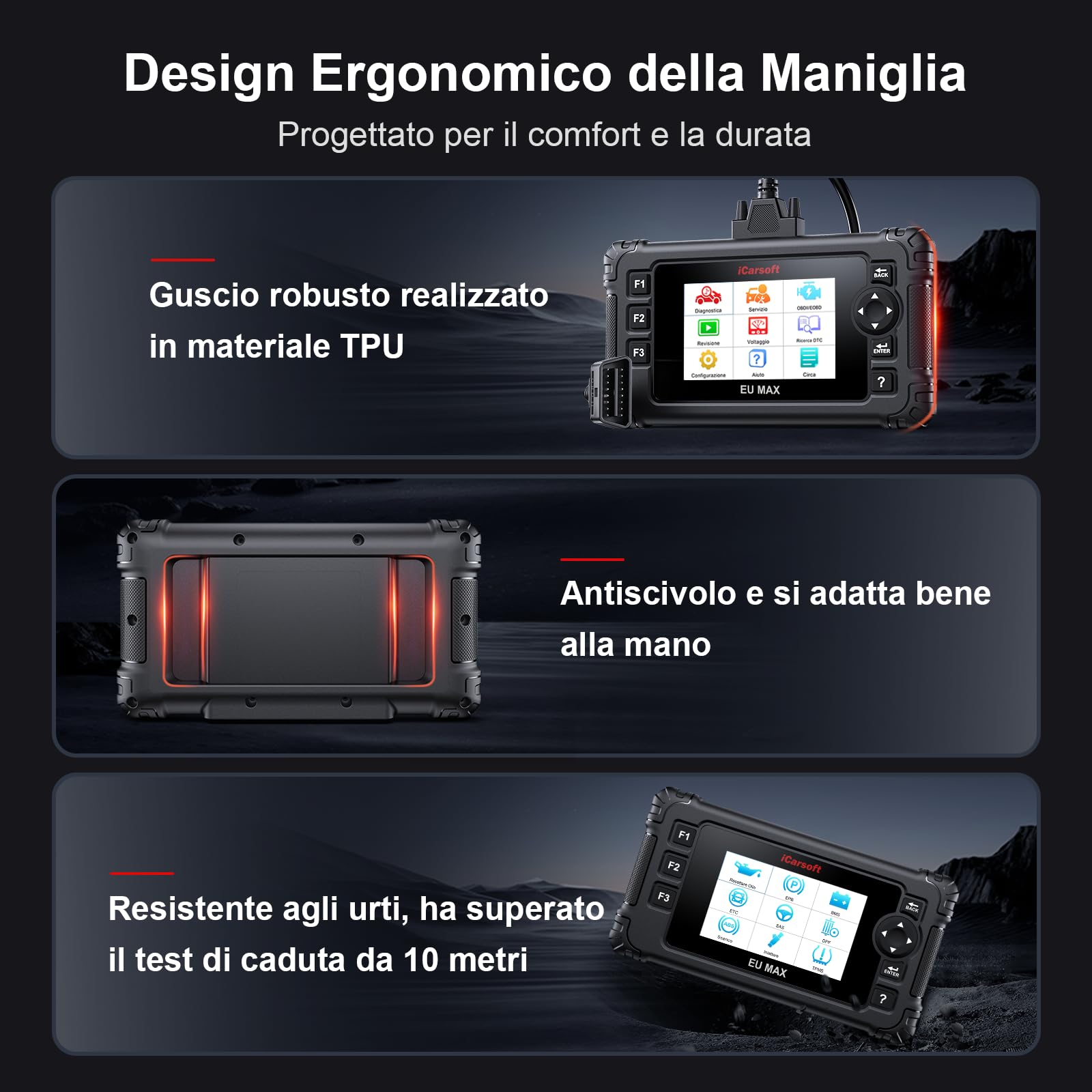 iCarsoft EU MAX OBD2 Auto Diagnostica per Marchi Europei, Diagnosi Auto Professionale in Italiano per Tutti i Sistemi, 48 Funzioni di Ripristino, Test Bidirezionale, Auto VIN, Aggiornamento a Vita