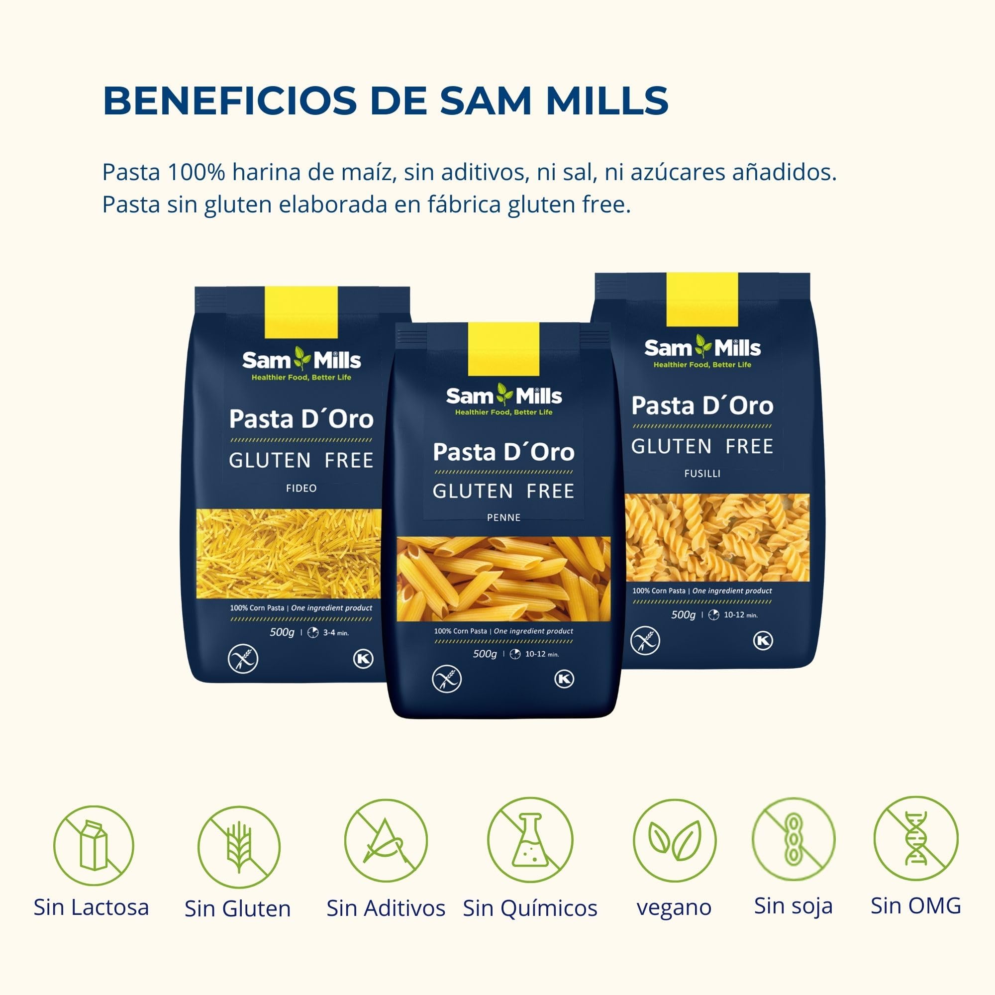 Sam Mills Pack 6 Unidades Pasta Sin Gluten 500 g Harina de Maíz Vegana