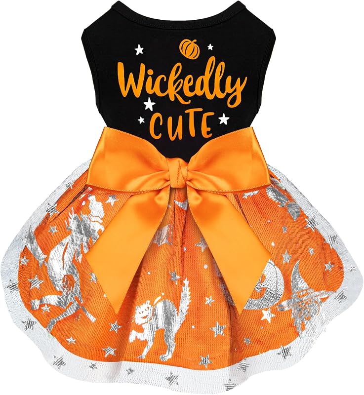 Vestido de Halloween para Cães BAOBICUTE com Laço e Estampas de Abóbora, Fantasma, Morcego e Bruxa
