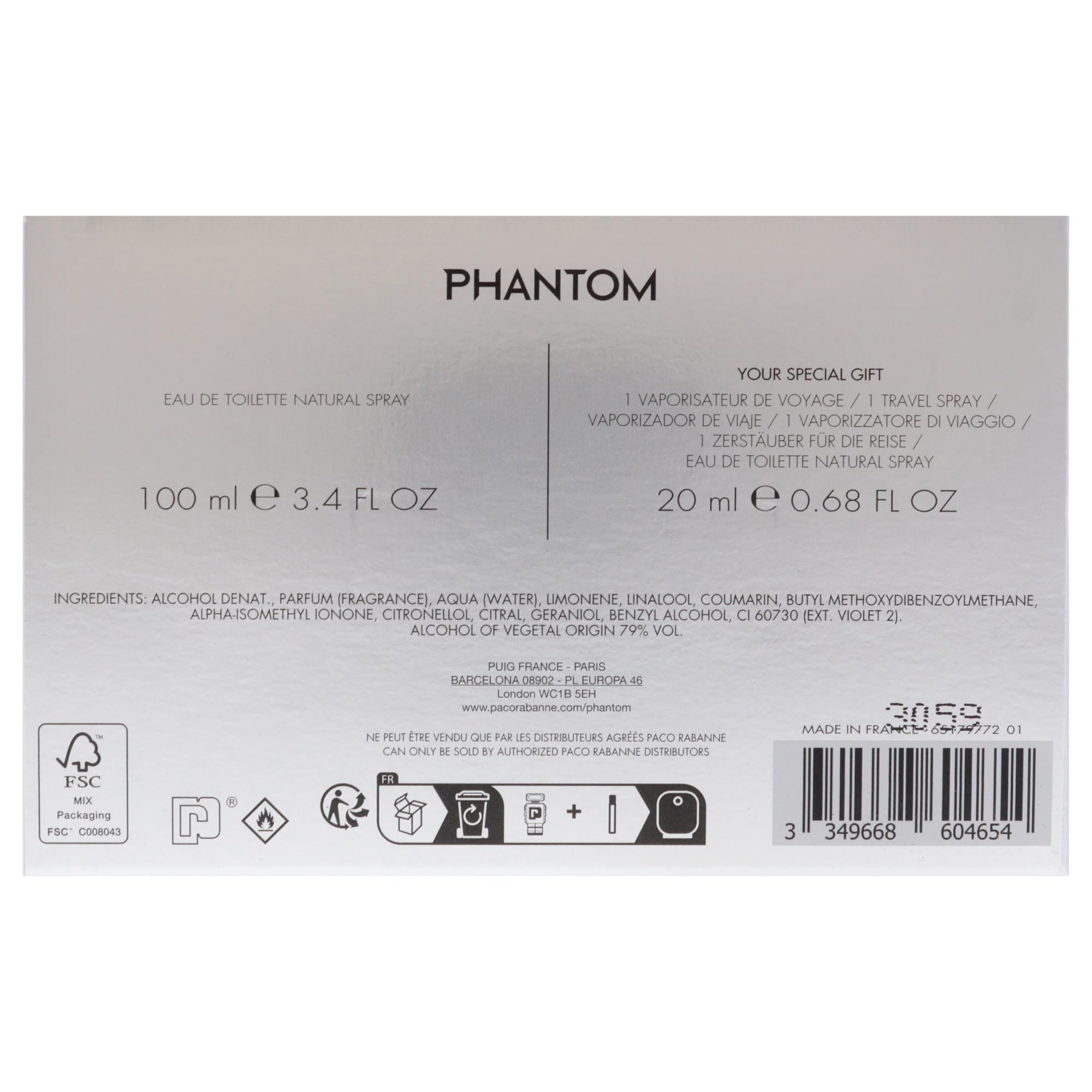 PACO RABANNE Phantom EDT Sp 100 Ml + Ts 20 Ml Set per chi cerca una fragranza distintiva, per un profumo elegante e duraturo, 100 ml + 20 ml
