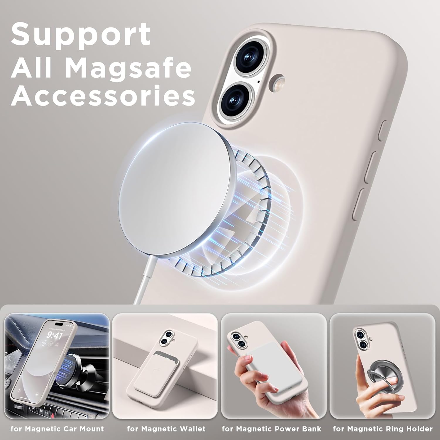 Magnetic for iPhone 16 Plus Case, Compatible with Magsafe, Suction Cup Phone Mount - 2 Screen Protectors - Camera Lens Protector, Silicone Shockproof Protective Phone Cover 6.7", Stone - Image 3