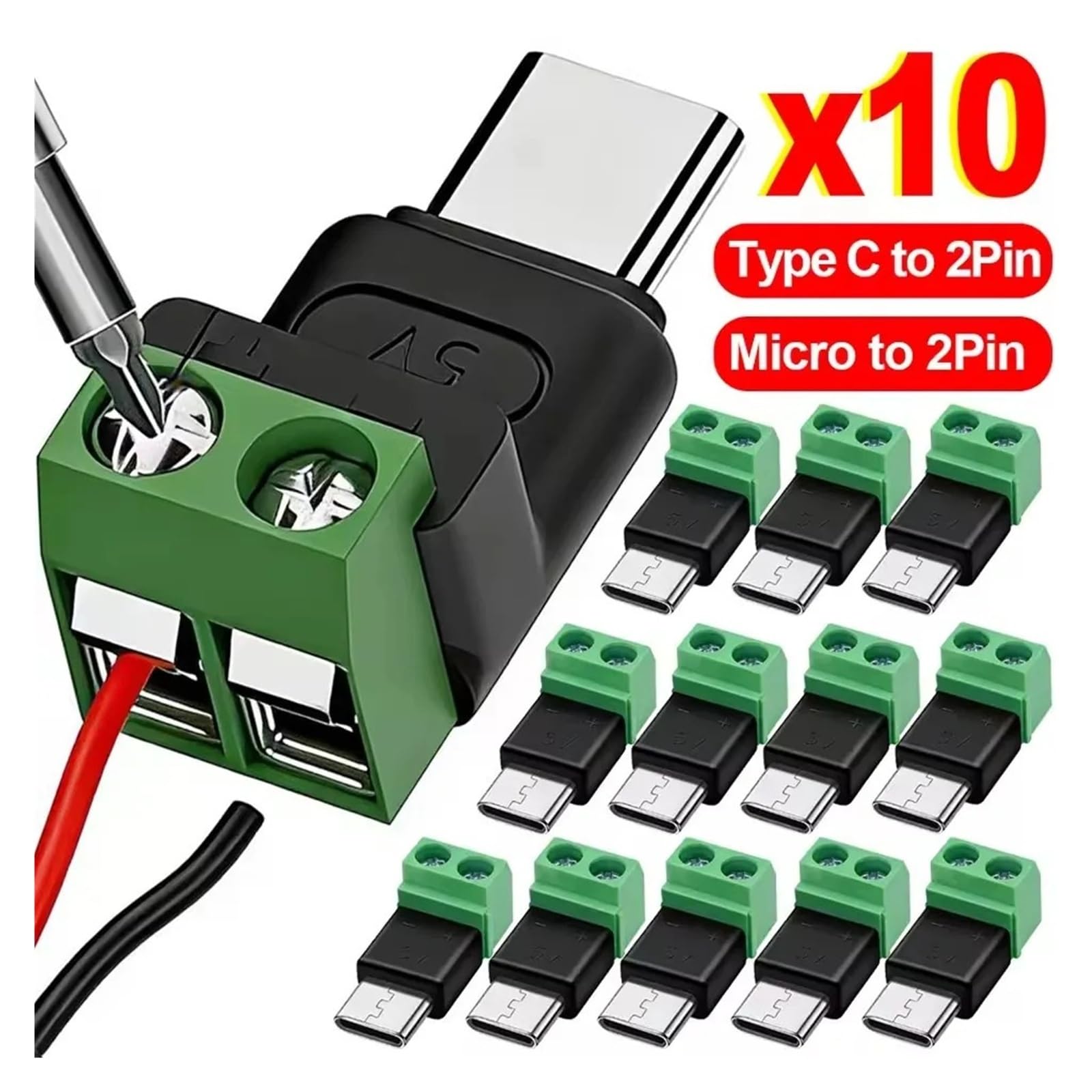 USB C/Micro to 2 Pin Screw Terminal 5V Solderless Adapter for DIY Charging Cable Repair (4PCS, Micro-Male Charging)