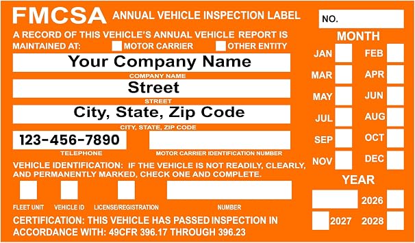 FMCSA Vehicle Annual DOT Inspection Stickers, Truck Decal Personalized with Company Info, Permanent UV Protected Self Adhesive, 6" x 3.5"