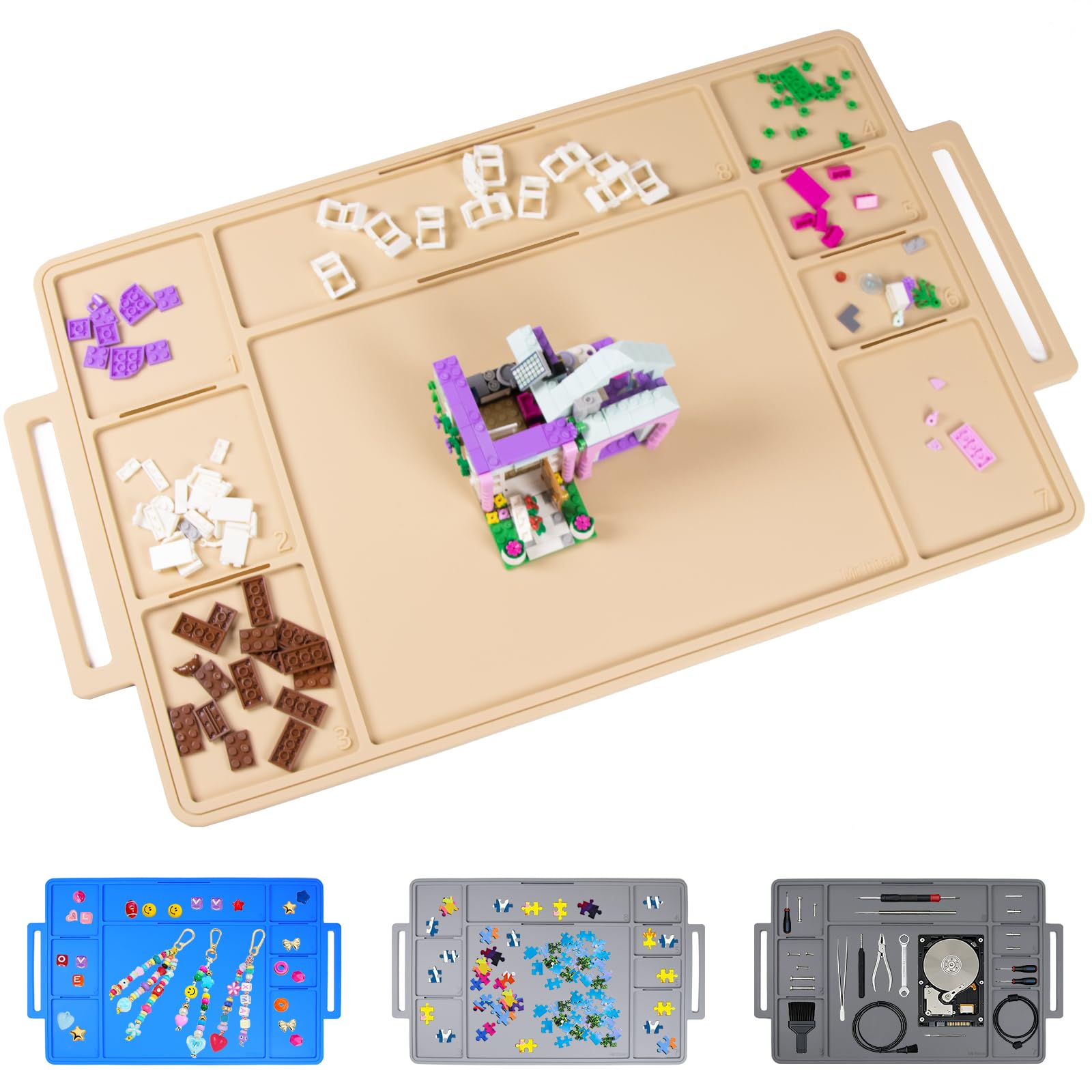 Mirthben Building Plates with Numbered Fields, Building Block Tray for Toys, Made of High-Quality Silicone, Building Plate for Promoting Creativity and Order, for Children and Adults (Khaki)