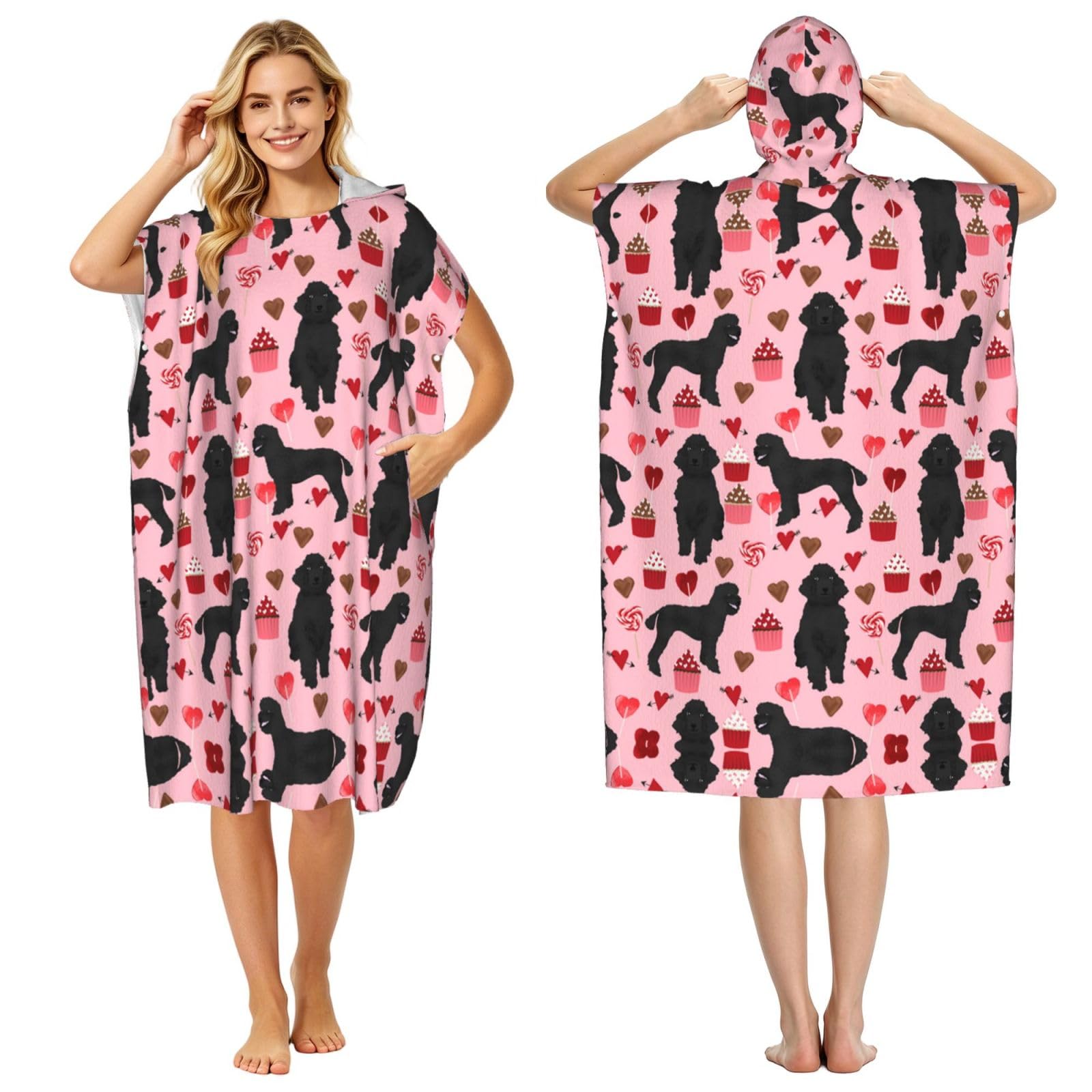 EZDLOWVBA Pink Poodles Dogs Print Hooded Poncho Microfiber Beach Towel,Adult Women & Men Changing Robe,Lightweight Summer Surf Swim Bath Poncho Towel