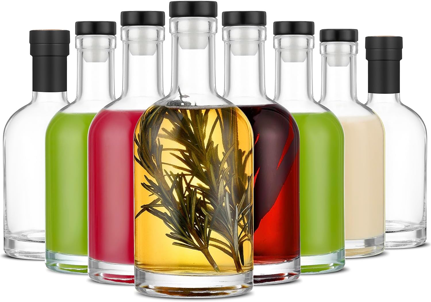 Danmu 8 Pack Glass Bottles with Lids 12 oz Airtight Leakproof,Thick Base 375ml Glass Bottles for Hot Sauce,Wine,Kombucha,Mead,Syrup,Vanilla Extract,Soda,Shrink Capsules Included