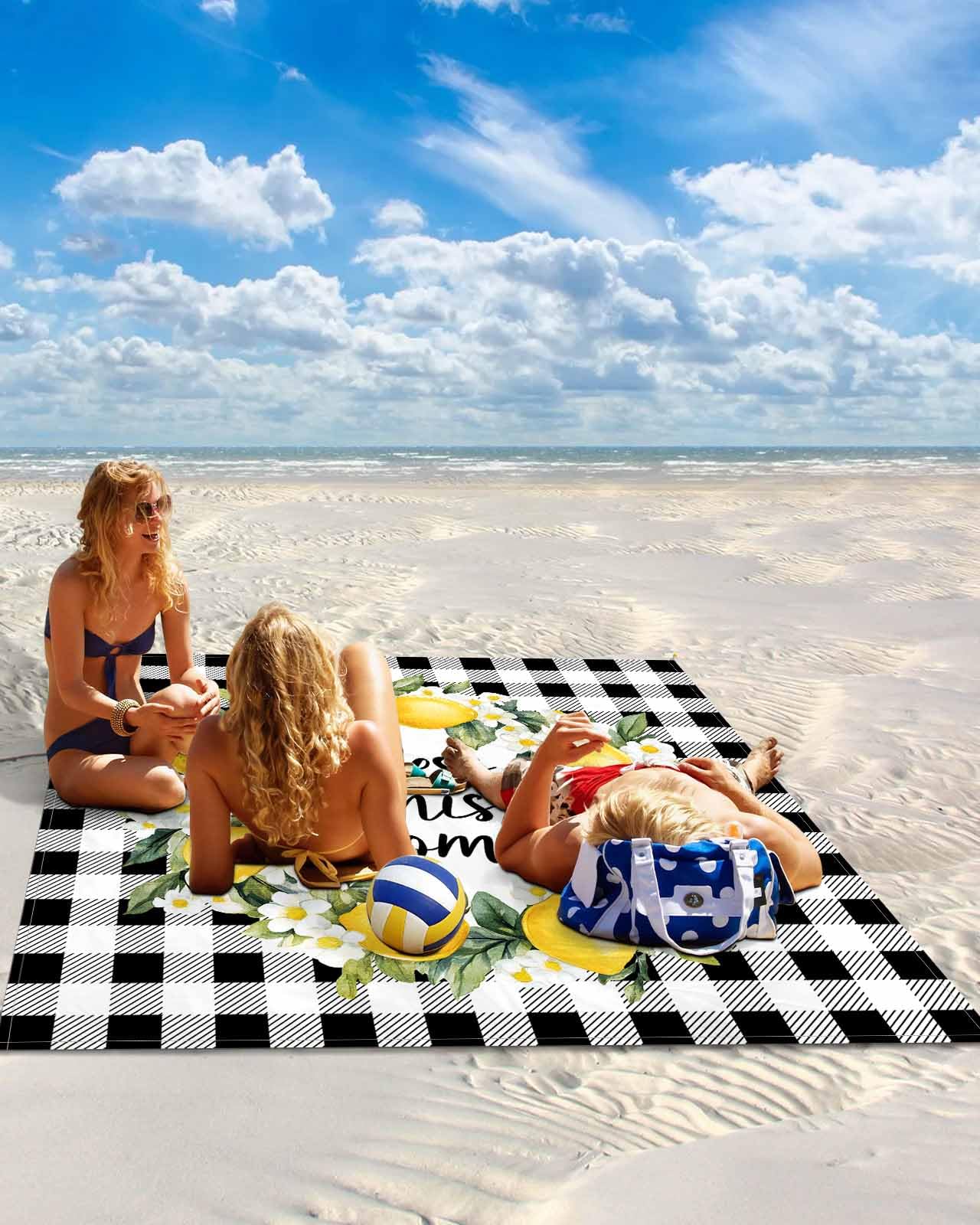 Beach Blanket Sandproof Waterproof Picnic Blankets Summer Farm Watercolor Lemon Extra Large Lightweight Outdoor Beach Mat with Corner Pockets for Travel/Camping/Hiking Classical Buffalo Check