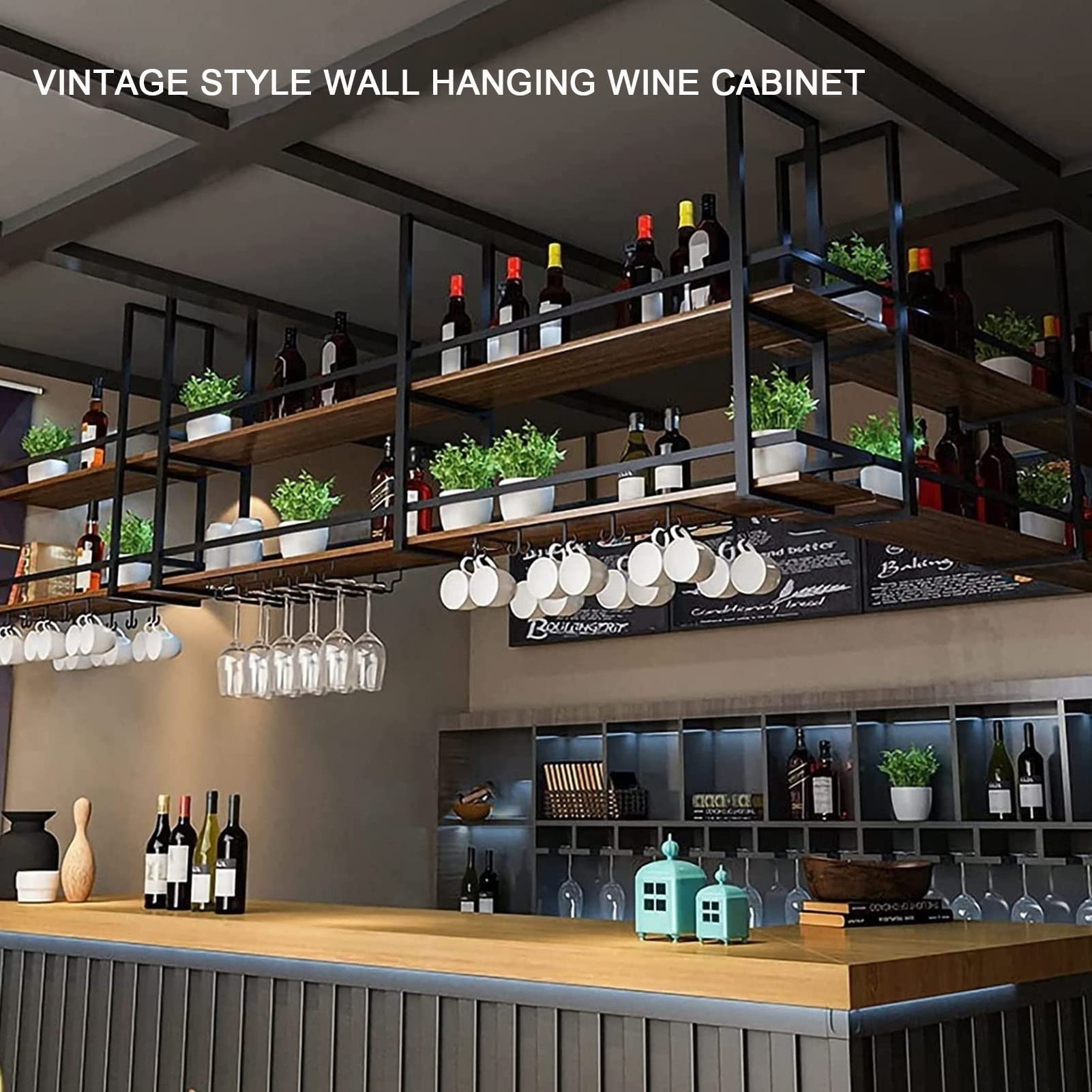 Montowany na suficie stojak na wino - 2-poziomowa wisząca półka do przechowywania rustykalna szafka kuchenna z litego drewna z szynami ochronnymi naścienny uchwyt szklany (rozmiar: 140 * 30 * 80 cm)