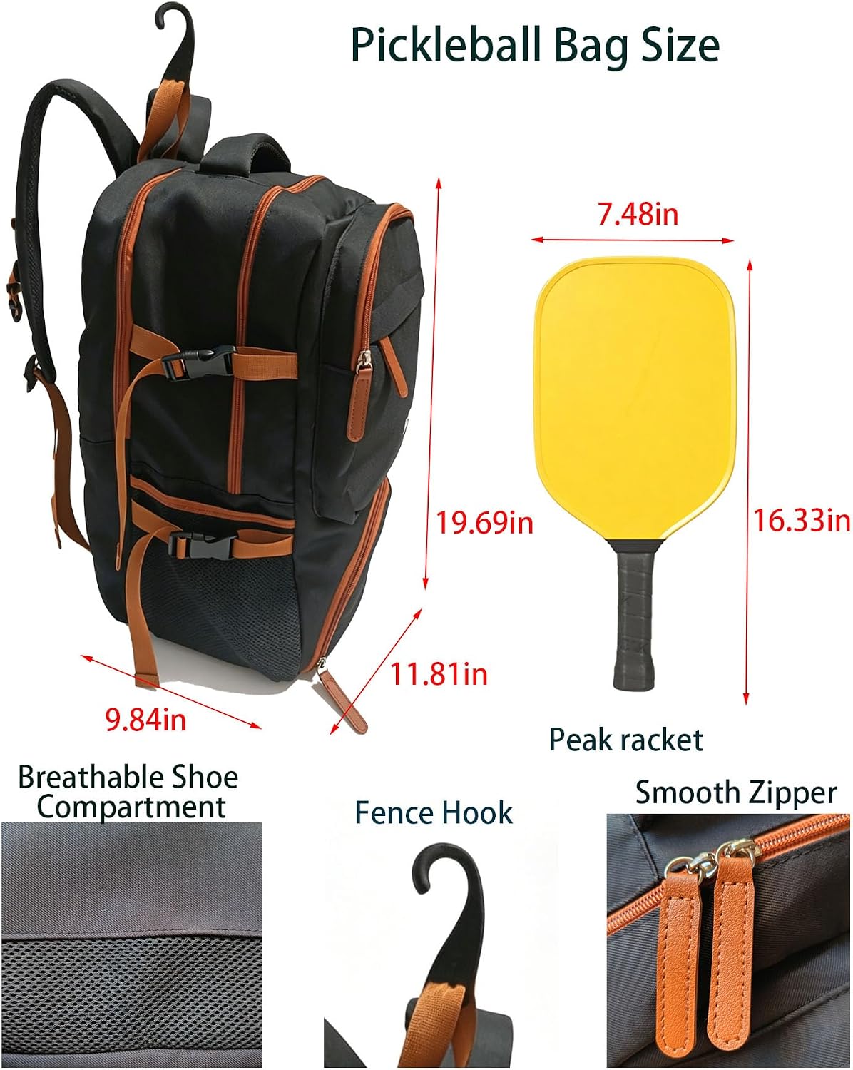 Large Pickleball Bag with Shoe Compartment and Fence Hook,Storage Sections for Women Men ,Waterproof Bag, Shoe Bag,Pouch Included,35L Multi-Pocket Sports Backpack for Pickleball, Tennis, Gym & Travel