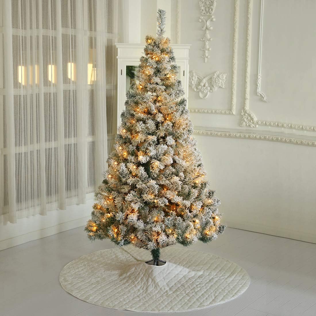 HOMAKER Pre-Lit 7FT Snow Flocked Christmas Tree, Hinged Artificial Christmas Pine Tree 350 Warm White Lights Easy Assembly Foldable Metal Stand Holiday Decoration