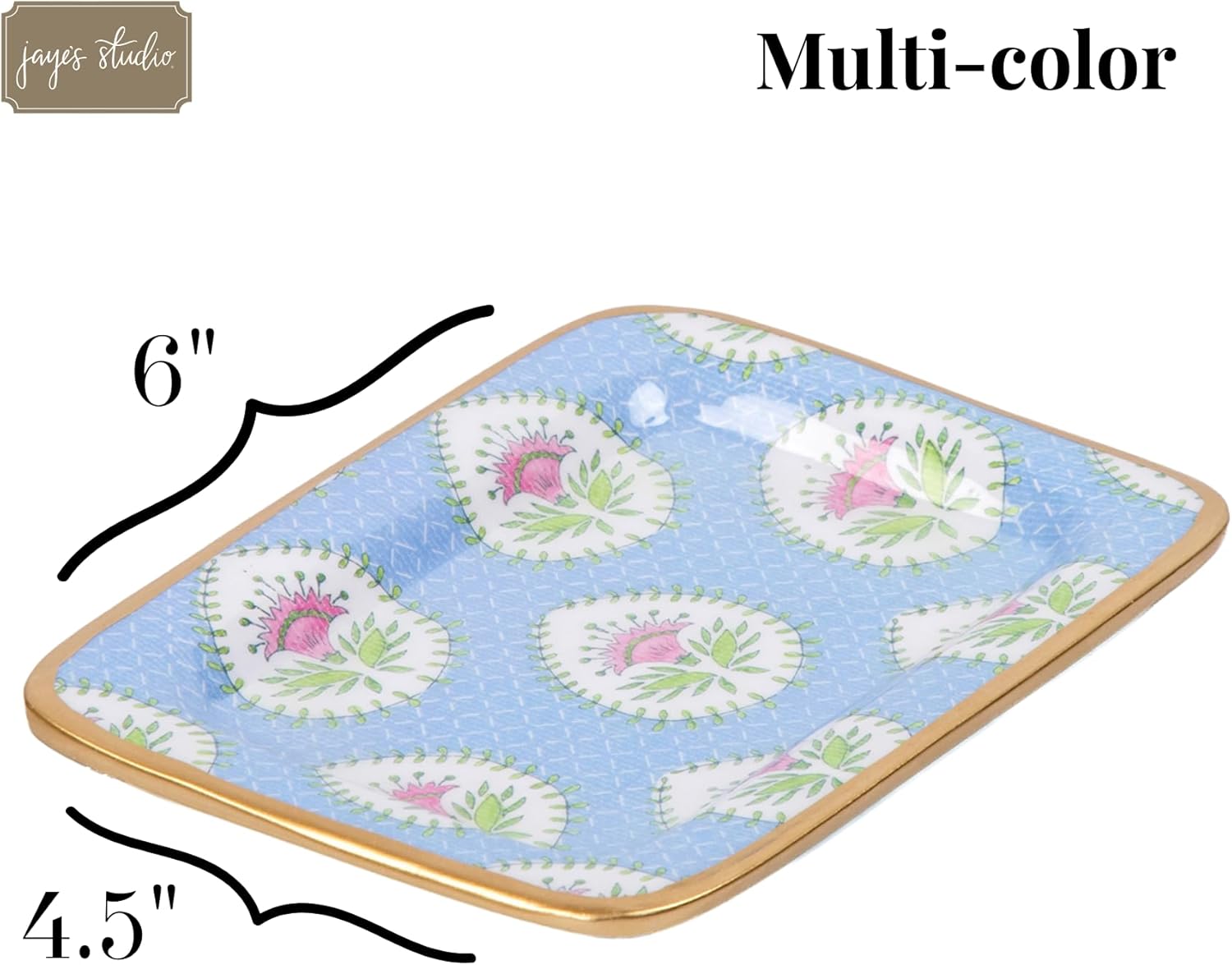 Jaye’s Studio Decorative Trinket Tray, Jewelry Plate, Catchall Dish for Bathroom, Dresser, Nightstand, Entryway, Blue and Pink, Chinoiserie Dish, Gold Tray, Daphne Laney Collection