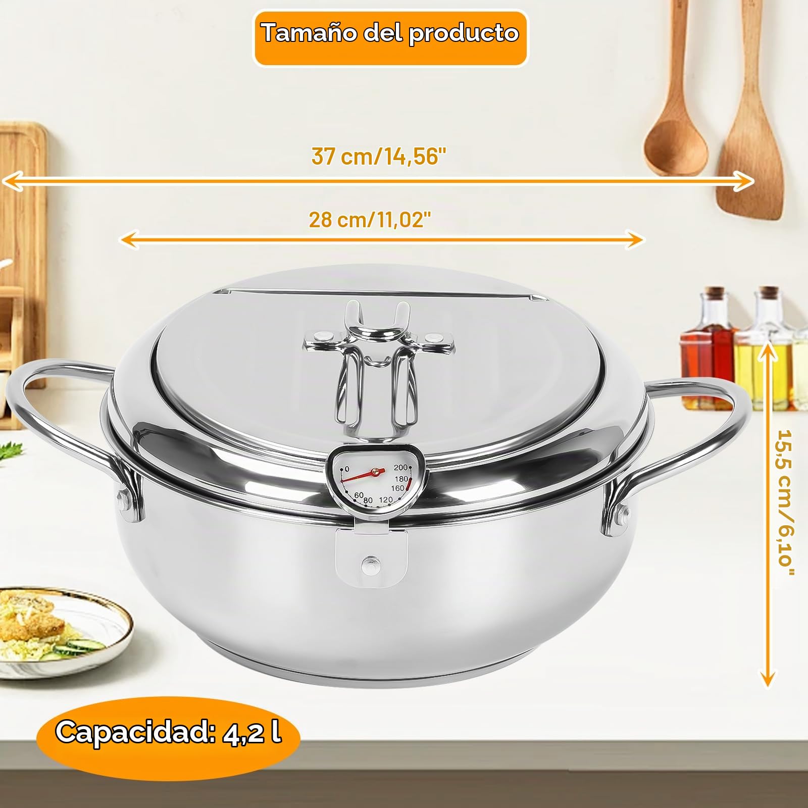 Olla Freidora Estilo Japonés Con Termómetro y Tapa - Tempura Freidora Pequeña de Acero Inoxidable Para Cocinar Papas Fritas (28cm)