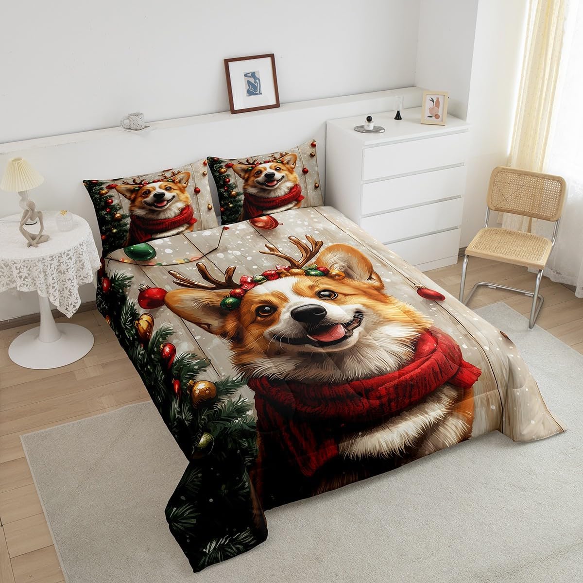 Manfei Kawaii Corgi Kids Comforter Set Twin Size,Xmas Pine Tree Wooden Plank Rustic Bedding Set,Boys Girls Room Decor,Cartoon Puppy Dog Animal Pet Down Comforter,Brown Duvet Insert,1 Pillowcase