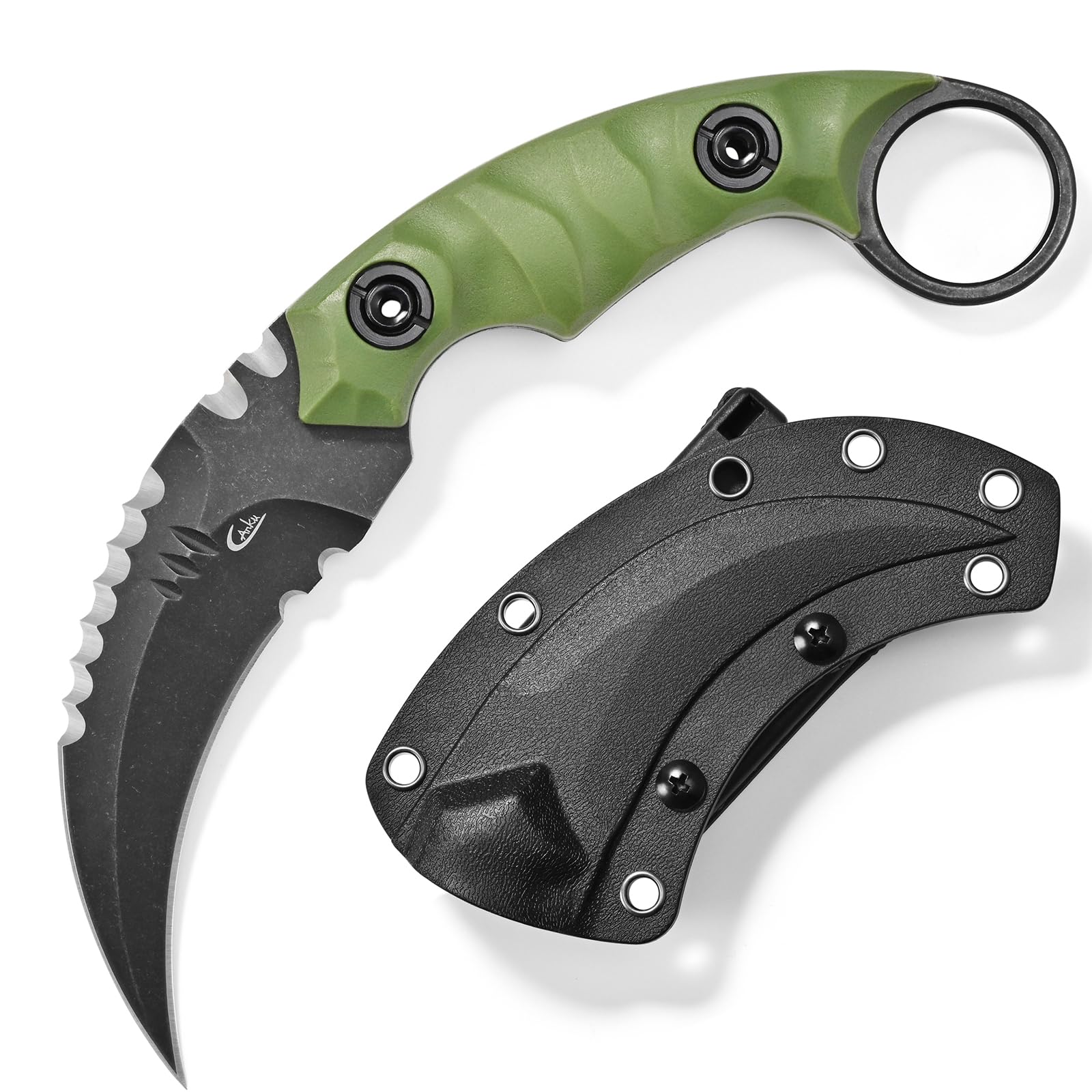 C1691N Fixed Blade Knife,D2 Steel Nylon Fiberglass Handle Claw Knife for Survival, Outdoor, EDC, Hiking, Camping with Kydex Sheaths(Green)