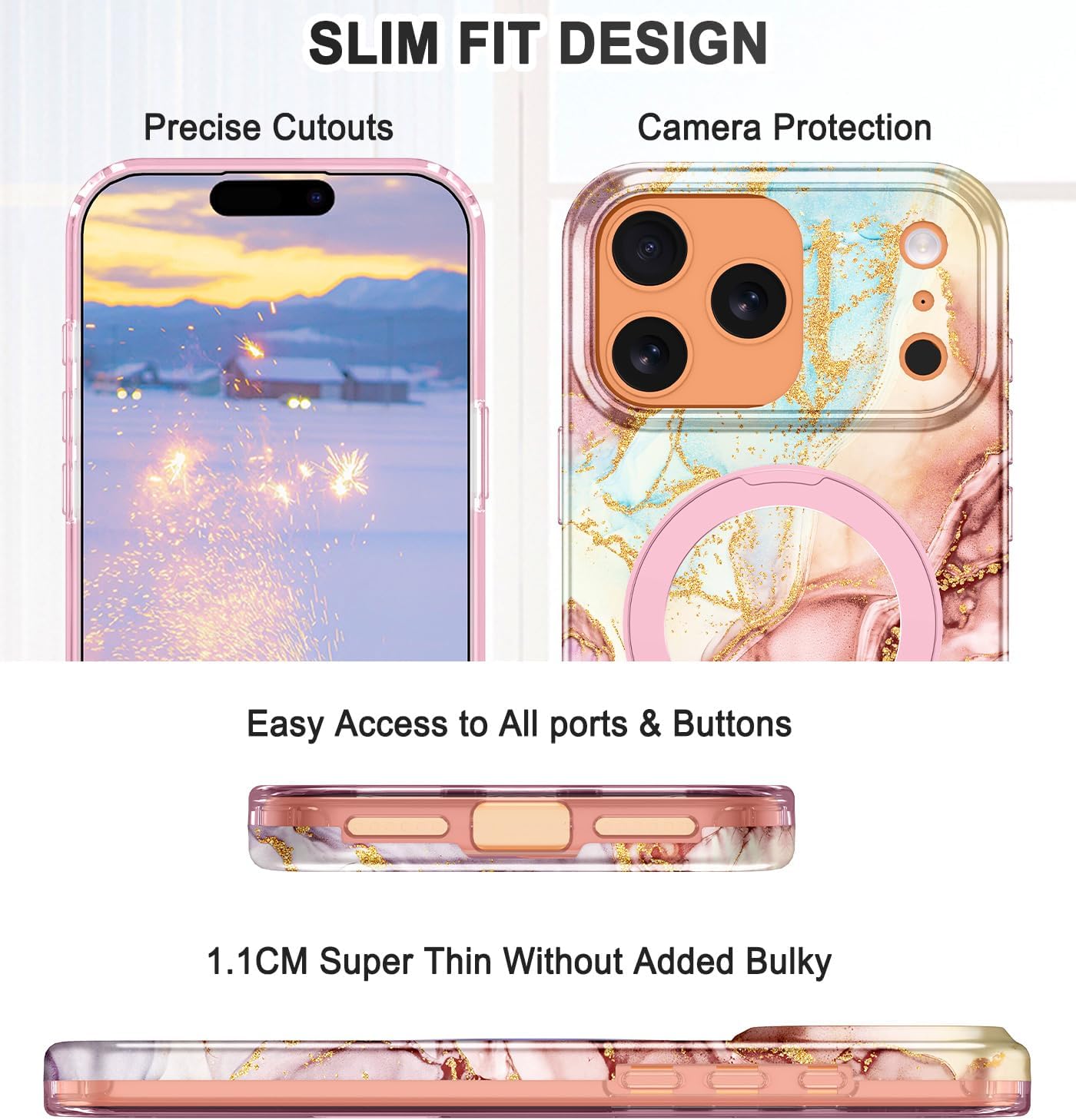 Lamcase for iPhone 17 Pro Case with Magnetic Invisible Ring Stand [Compatible with MagSafe], Full Body Rugged Slim Women Men Girl Shockproof Marble Pattern Design Case, Rose Gold - Image 3