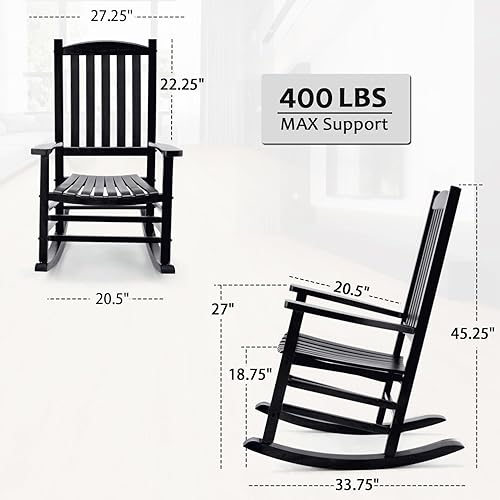 Miniatura 3 de Hupmad Silla mecedora de madera de gran tamaño para porche, balancín de patio al aire libre con respaldo alto y reposabrazos, listones para todo