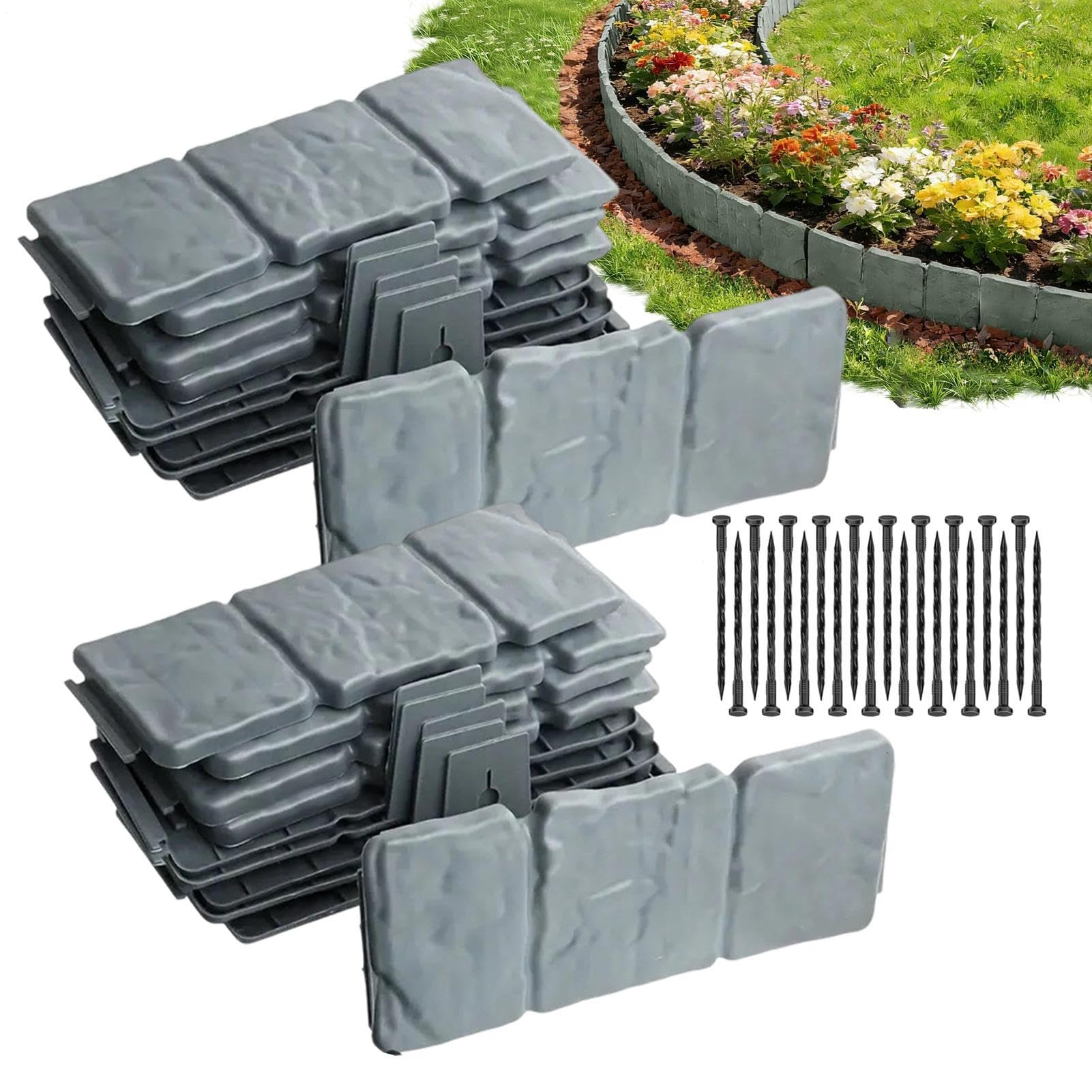Bordo Perimetrale Da Giardino, Set Completo Da 20 Pezzi Di Bordo Regolabile, Bordos Per Aiuole Realizzato En Pietra Artificiale, Per Esterni: Giardini, Aiuole, Patio, Cortili, Marciapiedi E Vialett