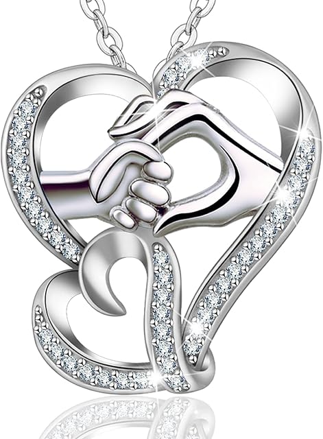 INFUSEU 925 Sterling Silver Necklace Heart Shape with Mother and Child Hand in Hand Heart Pendant Women Mothers Day Gift for Wife Girlfriend Mom