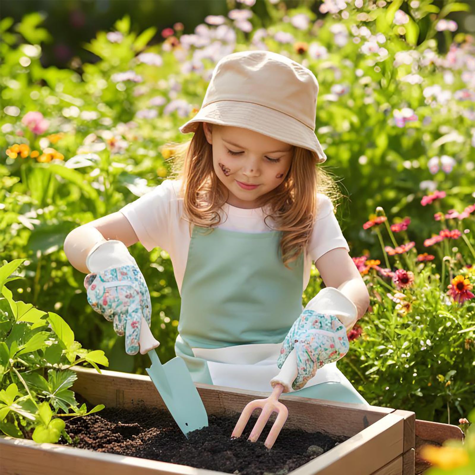 E Sicuro Attrezzatura da giardinaggio per bambini 9 articoli tra cui grembiule, cappello e guanti per piccoli esploratori Set da giardinaggio per bambini