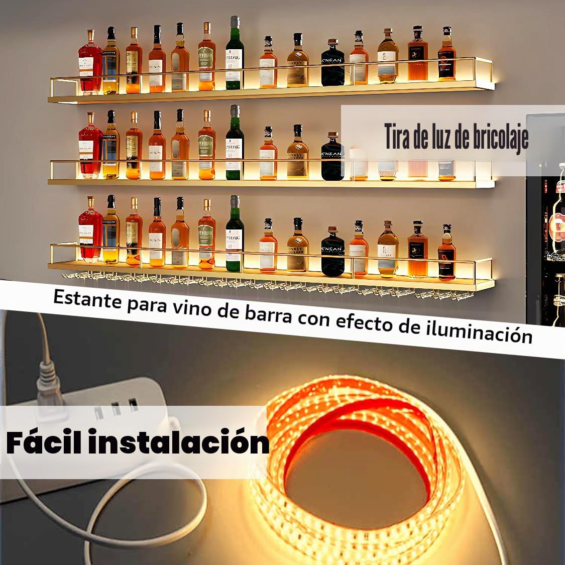 Estante de Vino montado en la Pared con luz, Barra Flotante Estante de Exhibición de Botellas de Vino con Soporte para Copas de Soporte, Vino de Hierro para El Hogar, Bar (Gold, 140cm)