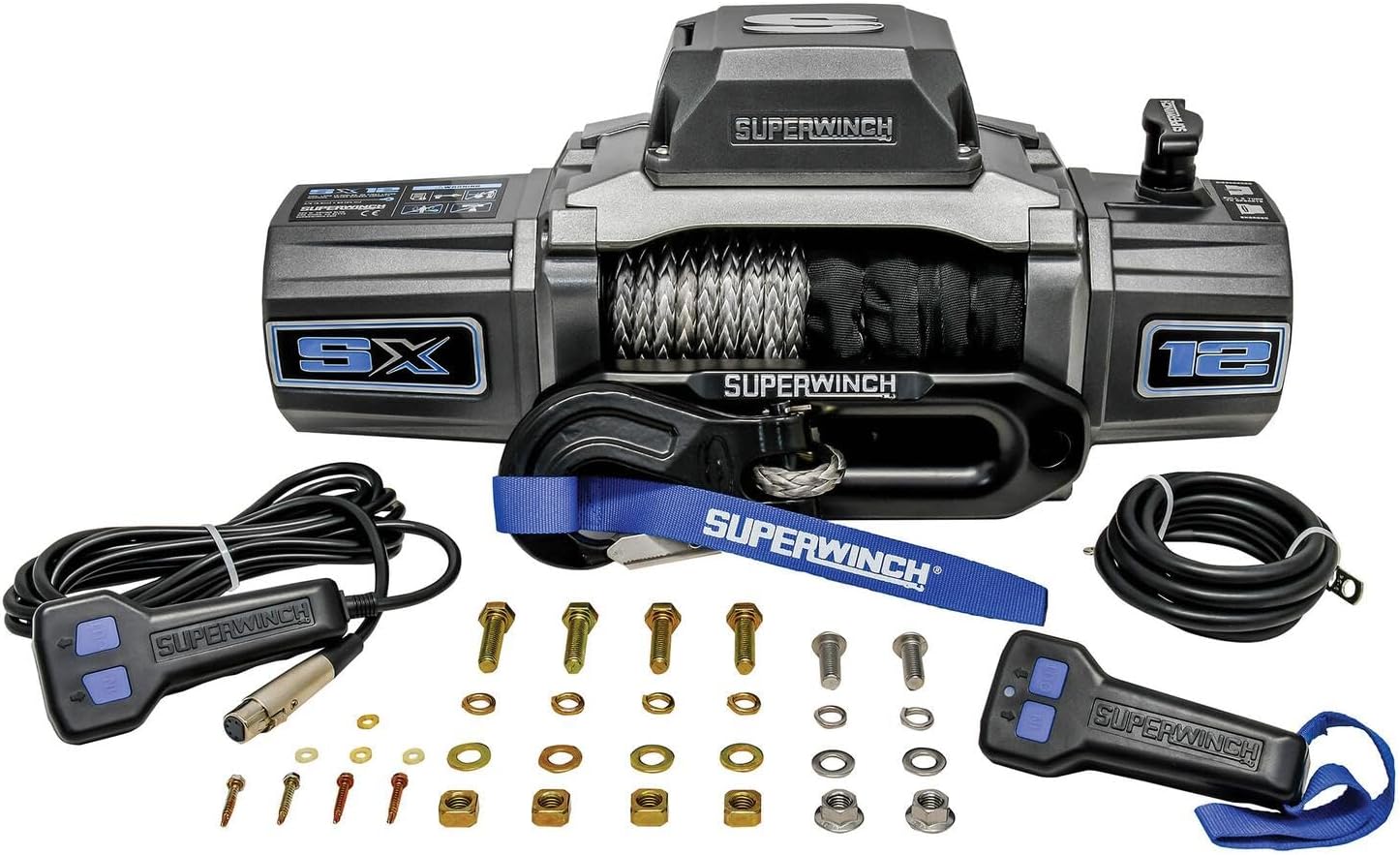 Superwinch 1712201 SX12SR 12V DC Electric Waterproof Recovery Winch 12,000lb/5,443kg Single Line Pull with Hawse Fairlead 3/8in x 85ft Synthetic Rope Corded Handheld and Wireless Remote No-Bind Clutch