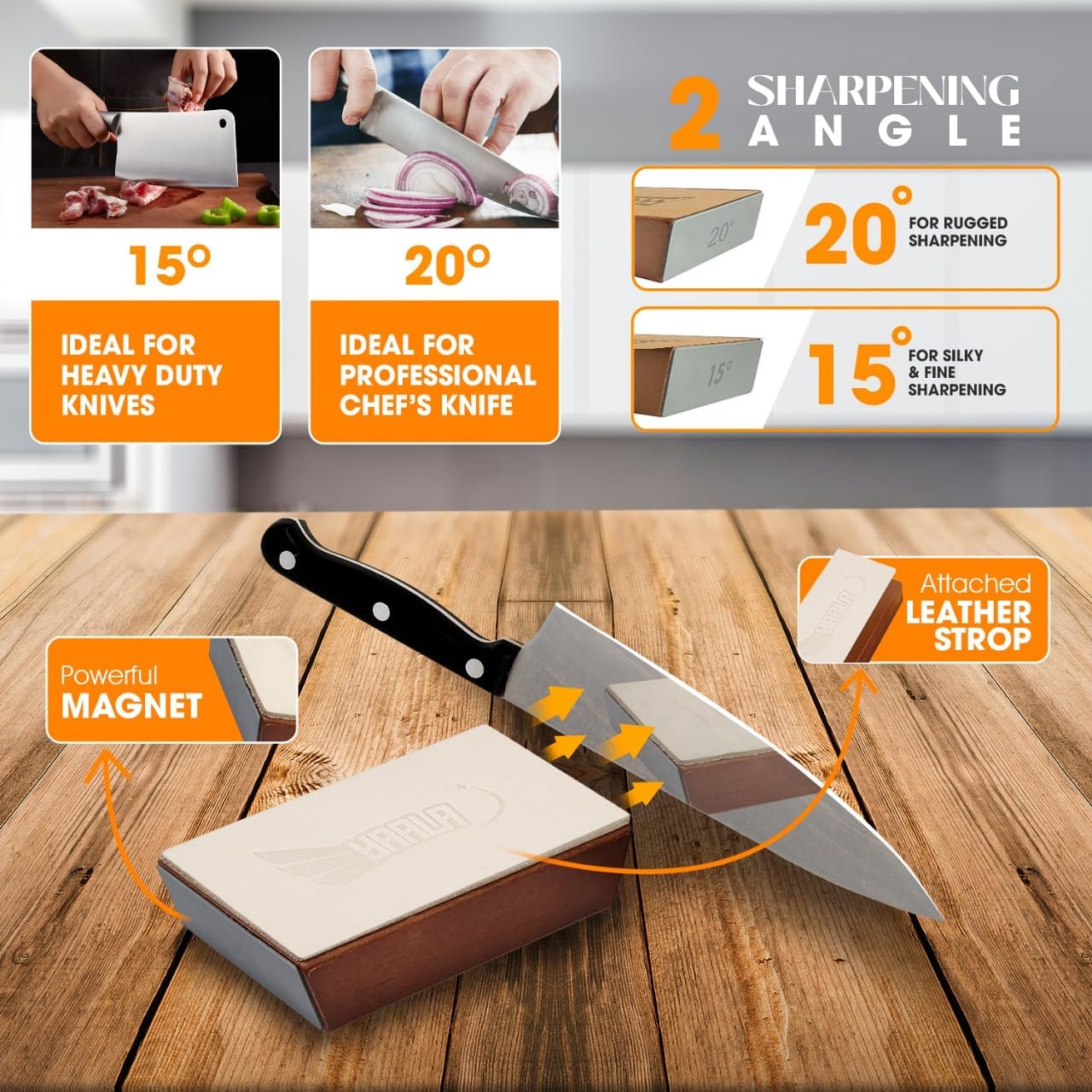 Rolling Knife Sharpener Kit with Leather Strop – Easy Knife Sharpening at 15° & 20° Angles – Magnetic Holder for Safe, Precise Sharpening – Great Kitchen Gift for Home Cooks