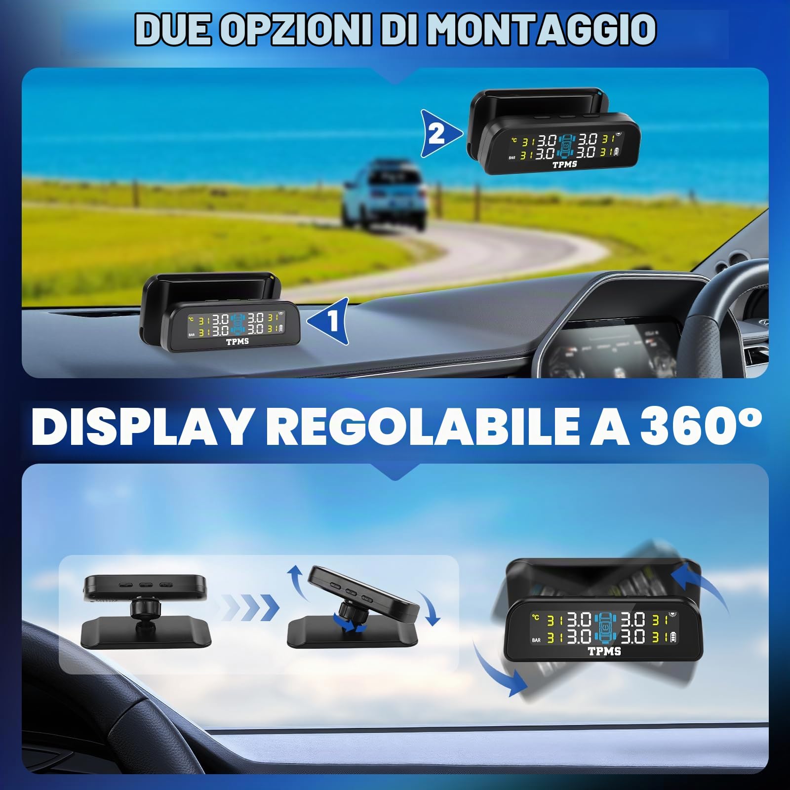 Sistema di Controllo della Pressione dei Pneumatici (TPMS) 0-3.5 Bar, Caricamento Solare e USB, 5 modalità di Allarme con LCD e 4 Sensori Esterni – per Auto SUV Camper Rimorchi e Camion