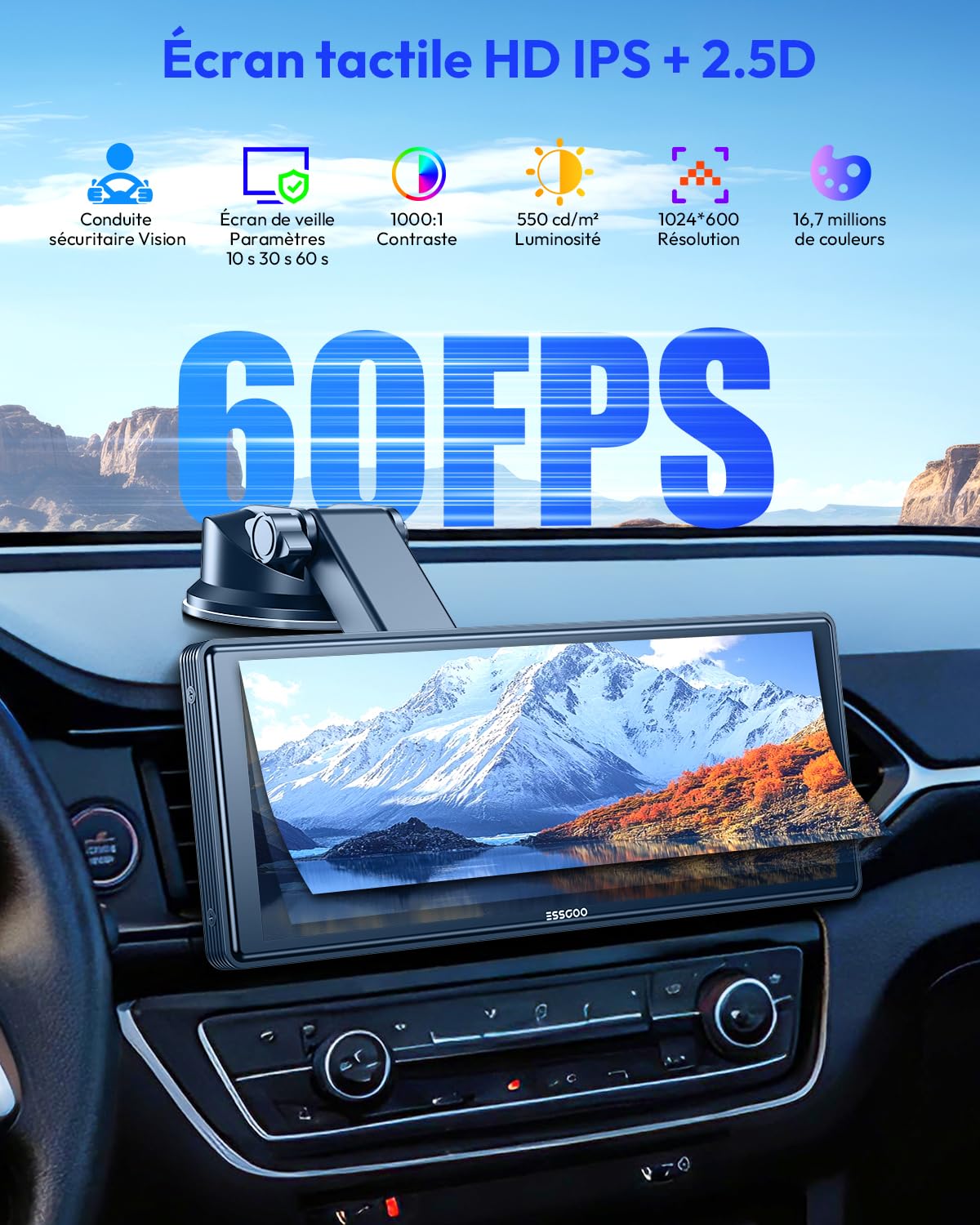 ESSGOO Écran Carplay Voiture, Supporte A-pple Carplay sans Fil et Android Auto, Écran Tactile IPS de 10.26 Pouces avec Capteur de Lumière, Prend en Charge Mirror Link, Assistants G-oogle et Siri