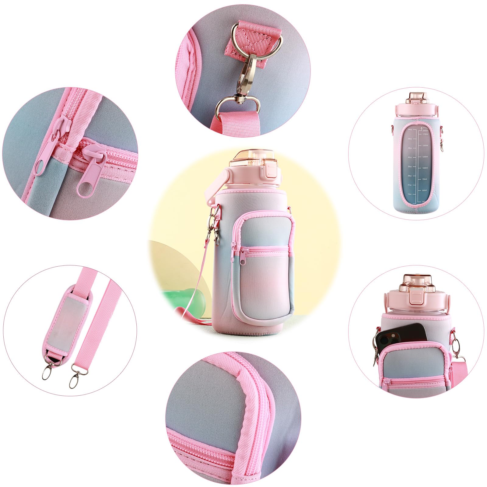 1,8 l Wasserflasche mit Hülle und Riemen, 1,8 l, motivierende Wasserflaschen mit Strohhalm, große breite Öffnung, Wasserkrug mit Zeitmarkierung für Fitness, Fitnessstudio und Outdoor-Sportarten,