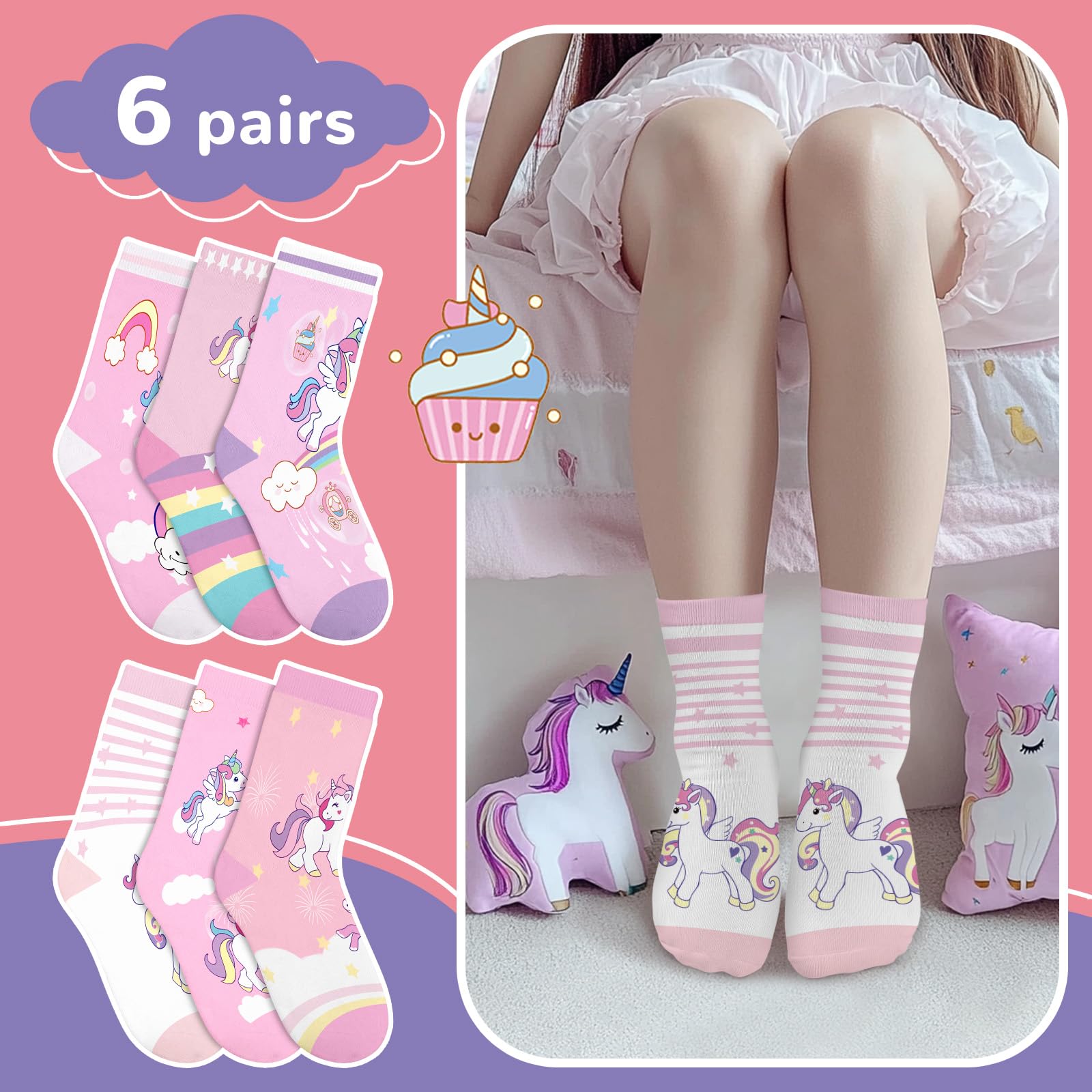 6 Paires Chaussettes Enfants Filles Modèles Mignons Caricature Rose Licorne et Arc-en-ciel Chaussettes Crew Cadeau Doux de 3 à 14 Ans Taille 25-38