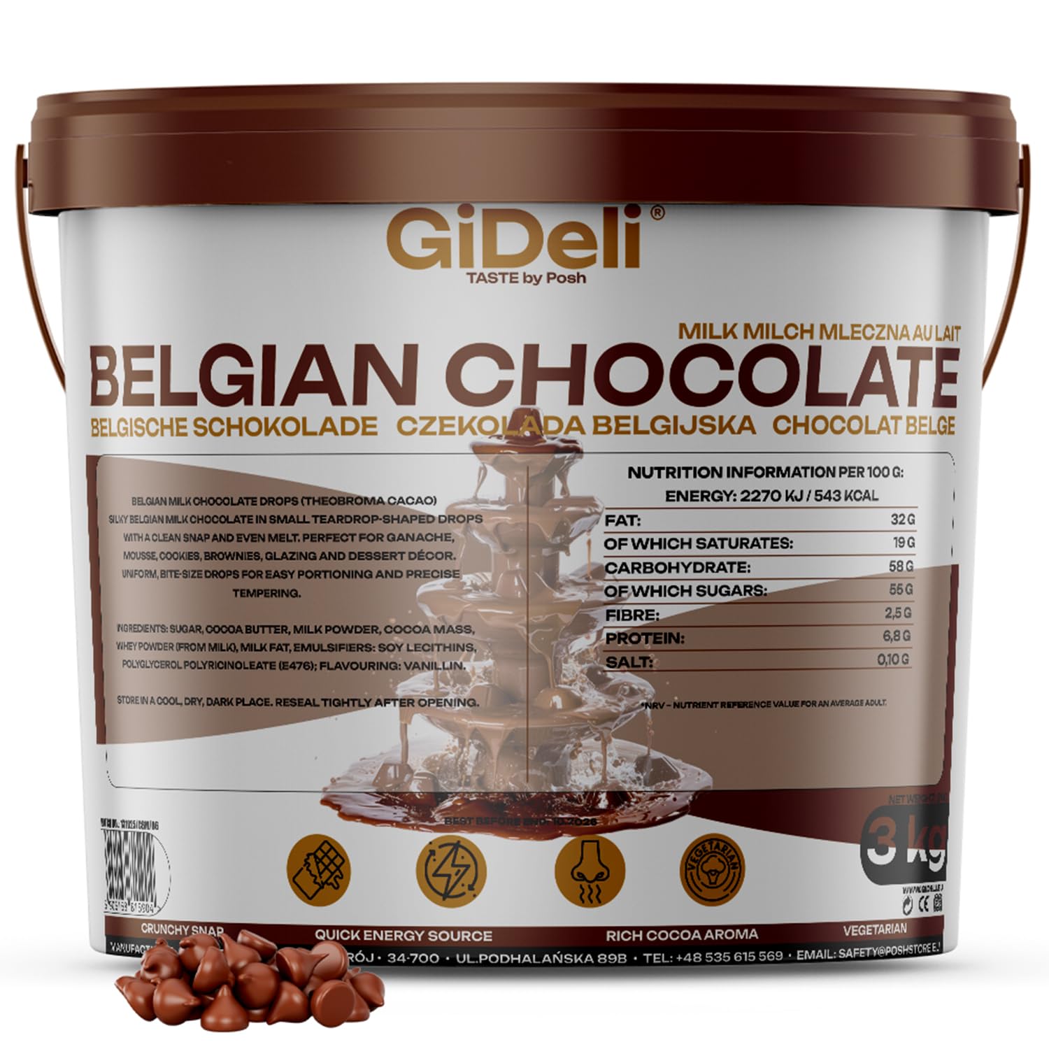 GiDeli Belgische Schokolade 3kg im Eimer - Pralinen Chips, Schokodrops - Vollmilch-Kuvertüre - Perfekt für Schokofondue, Backen, Schokobrunnen, Desserts & Glasuren