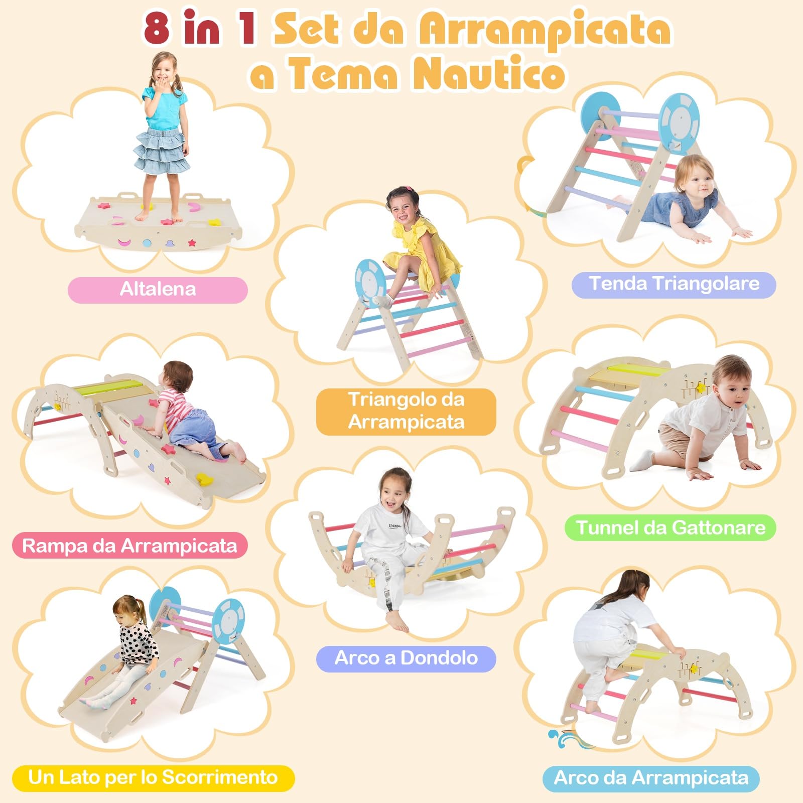 RELAX4LIFE Set da Arrampicata per Bambini, Triangolo di Arrampicata con Scivolo e Arco, Gioco di Incastri in Legno, Gioco Montessori per Bambini 1+ Anni (Marinaio-3 Pezzi | Colorato)