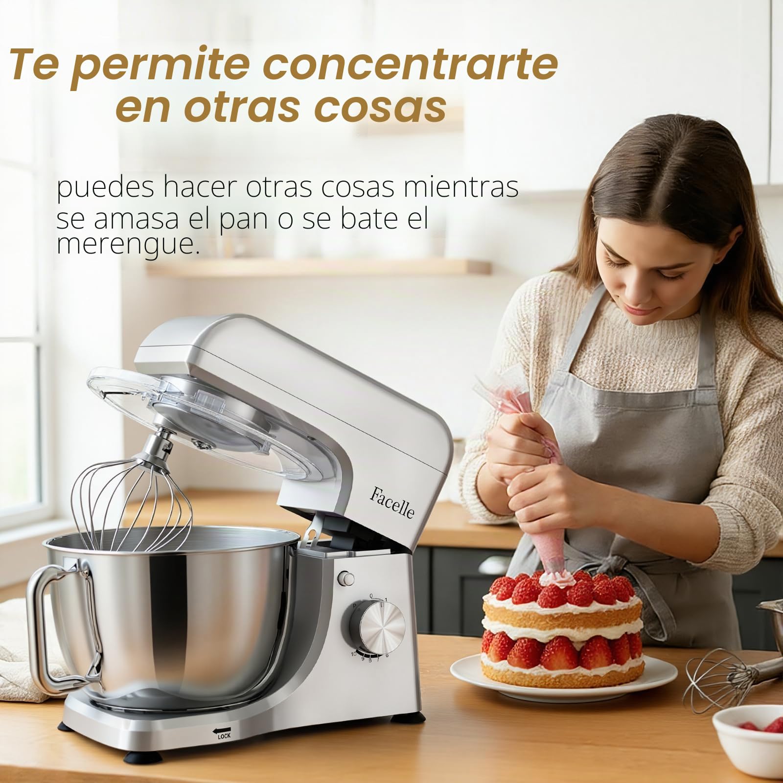 Facelle Batidora Amasadora de Repostería 1500W, Amasadora de Pan con 10 Velocidades + Función Pulse, Bol de Acero Inoxidable de 5,5L, Movimiento Orbital, con Varillas, Gancho Amasador y Batidor Plano