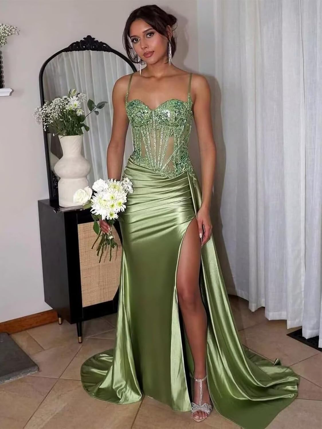 Lace Applique Satin Prom Dress for Women Corset Mermaid Long Split Bodycon Formal Evening Gowns