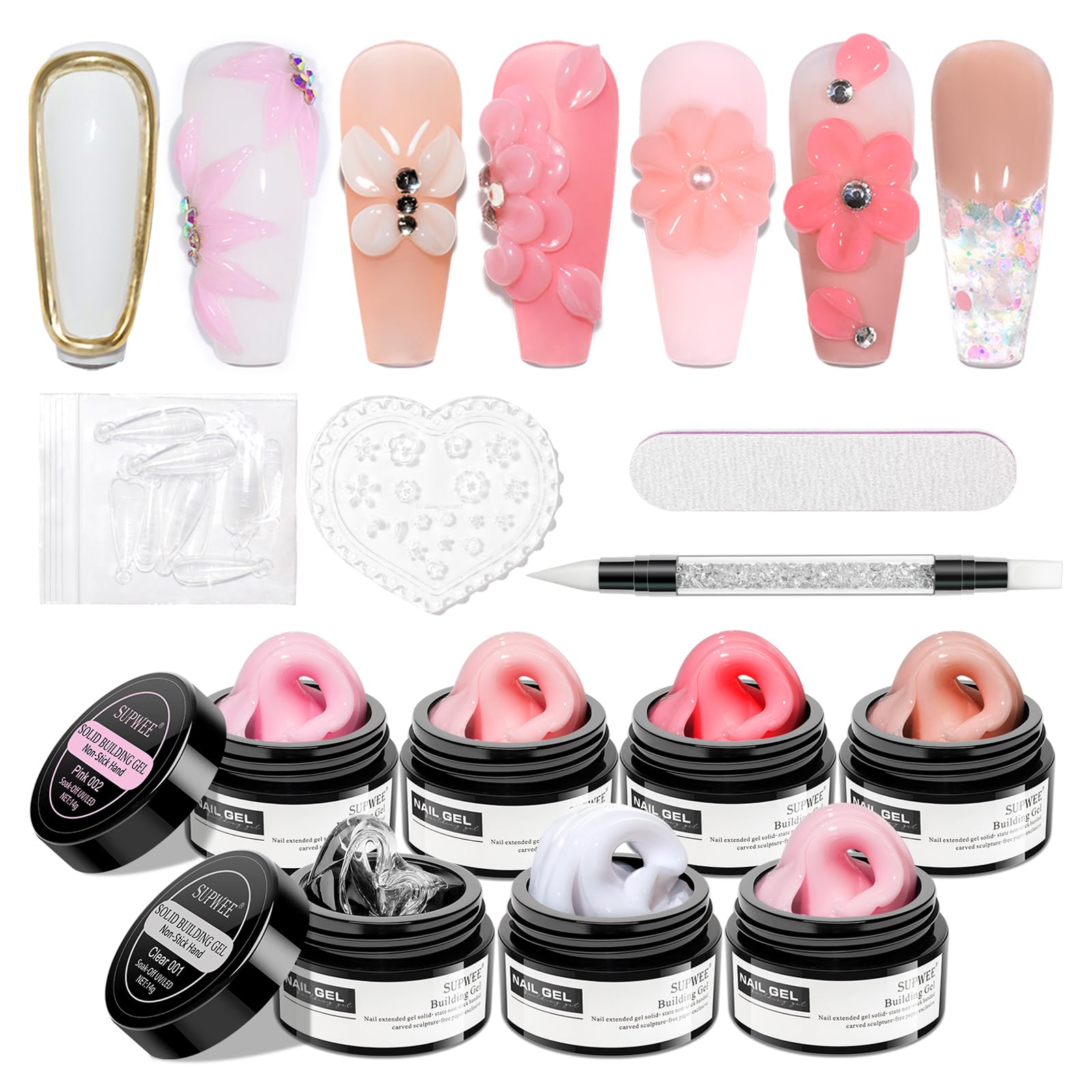 SUPWEE Solid Builder Gel for Nail Extension Non Stick Hand Scupture Hard Gel with Dual Form Nail Brush Tool for Home DIY Manicure 7 Colors 14g(0.49 oz