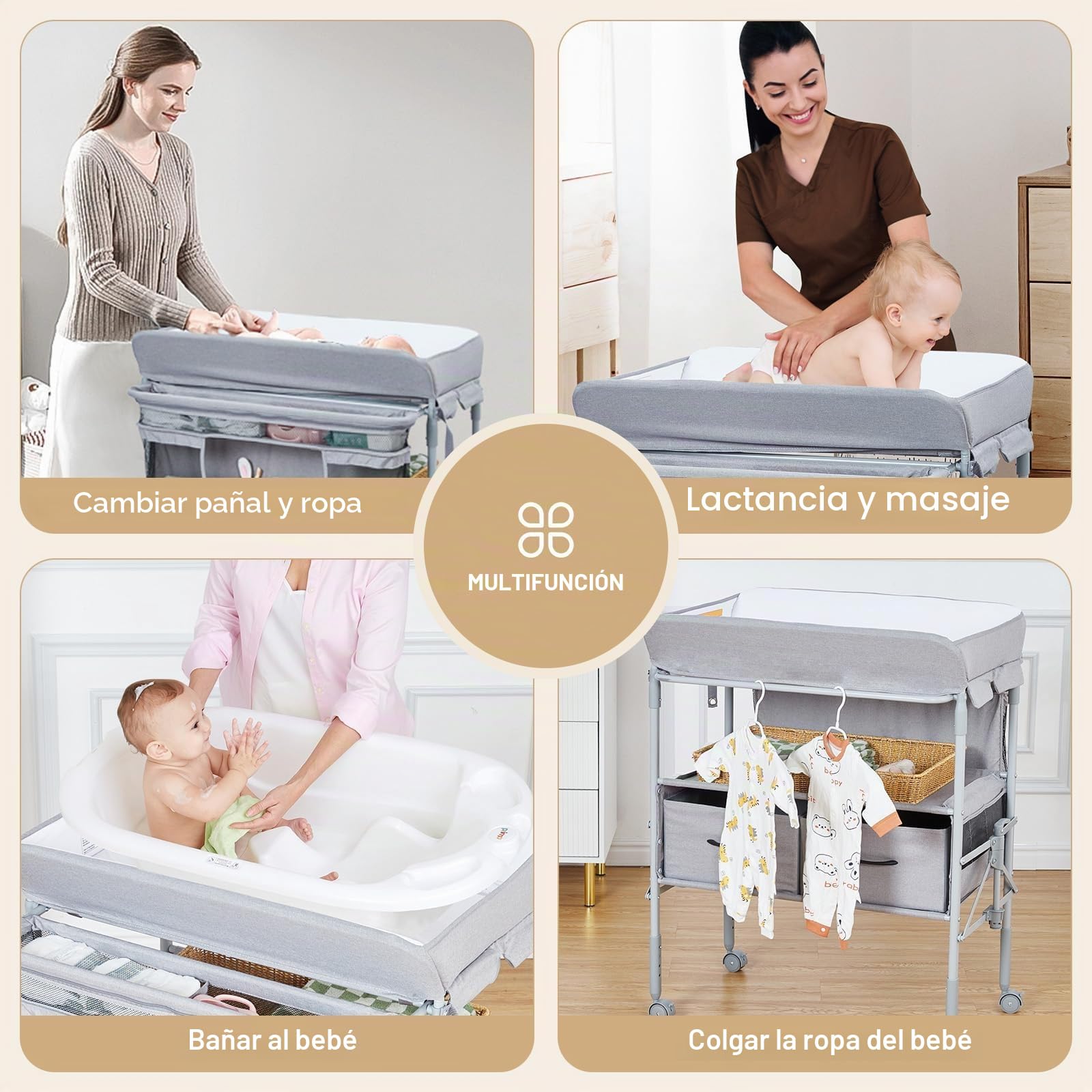 Cambiador Bebé Plegable con 2 Cajones, Altura Ajustable y Colchón Impermeable, Mueble Cambiador de Pañales Portátil con 4 Ruedas, Barra Colgante y Organizador de Guardería Salvaspazio, Gris Oscuro