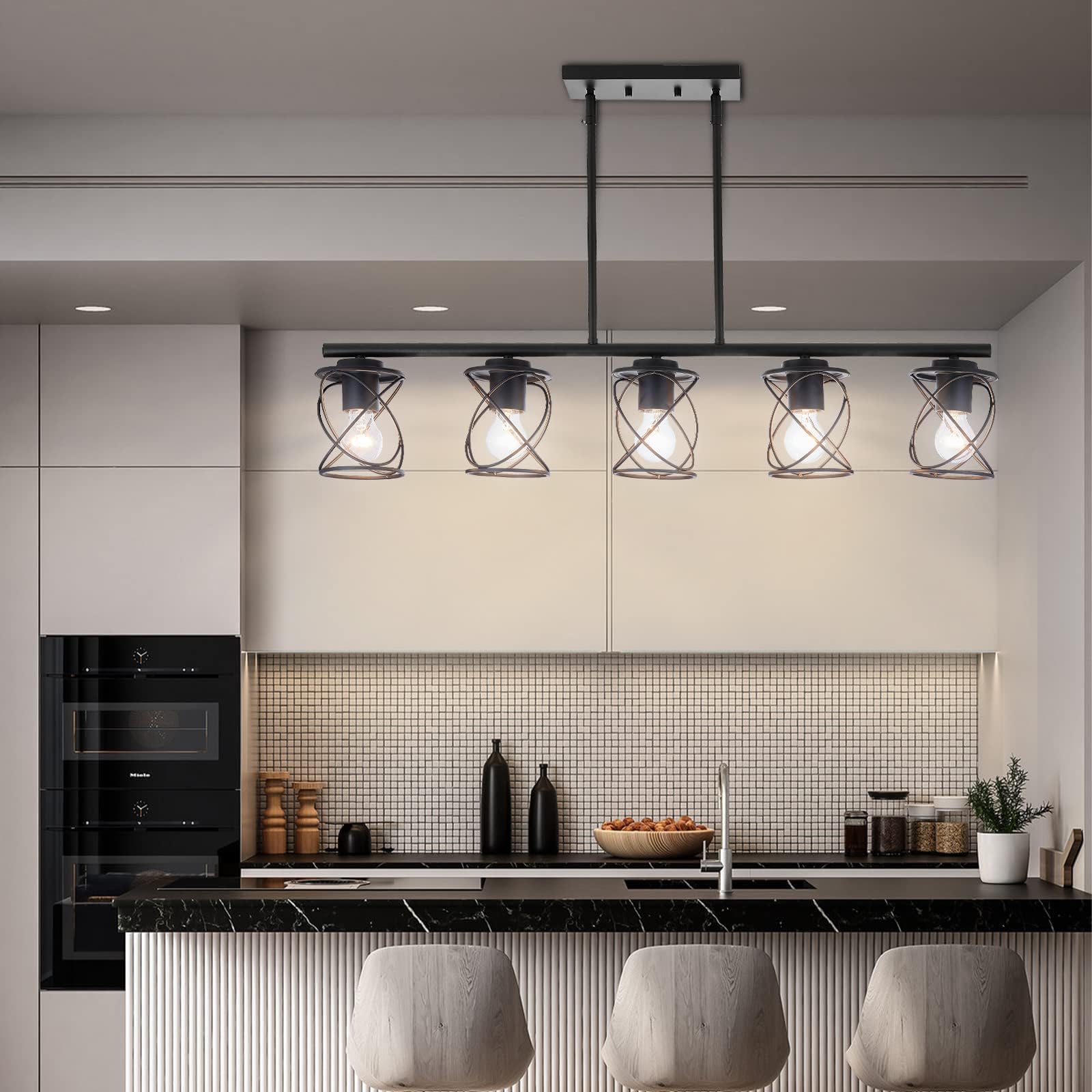 5-Light Farmhouse Kitchen Island Chandelier Rectangular Dining Room Lights Fixtures Over Table 30 Linear Rustic Wood Ceiling Pendant Hanging Lighting Pool Table Light Fixture For Restaurant - View #4