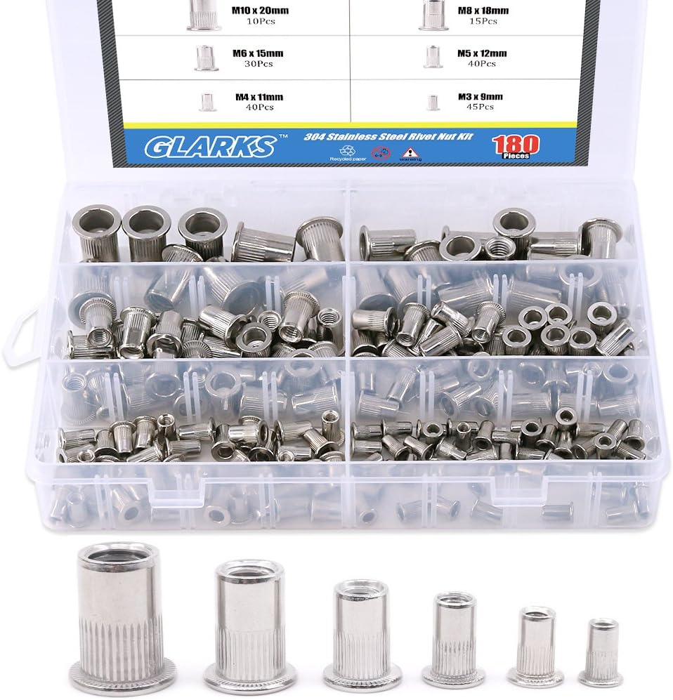 Glarks 180Pcs 304 Stainless Steel M3 M4 M5 M6 M8 M10 Flat Head Threaded Rivetnut Insert Nutsert Rivet Nut Assortment Kit