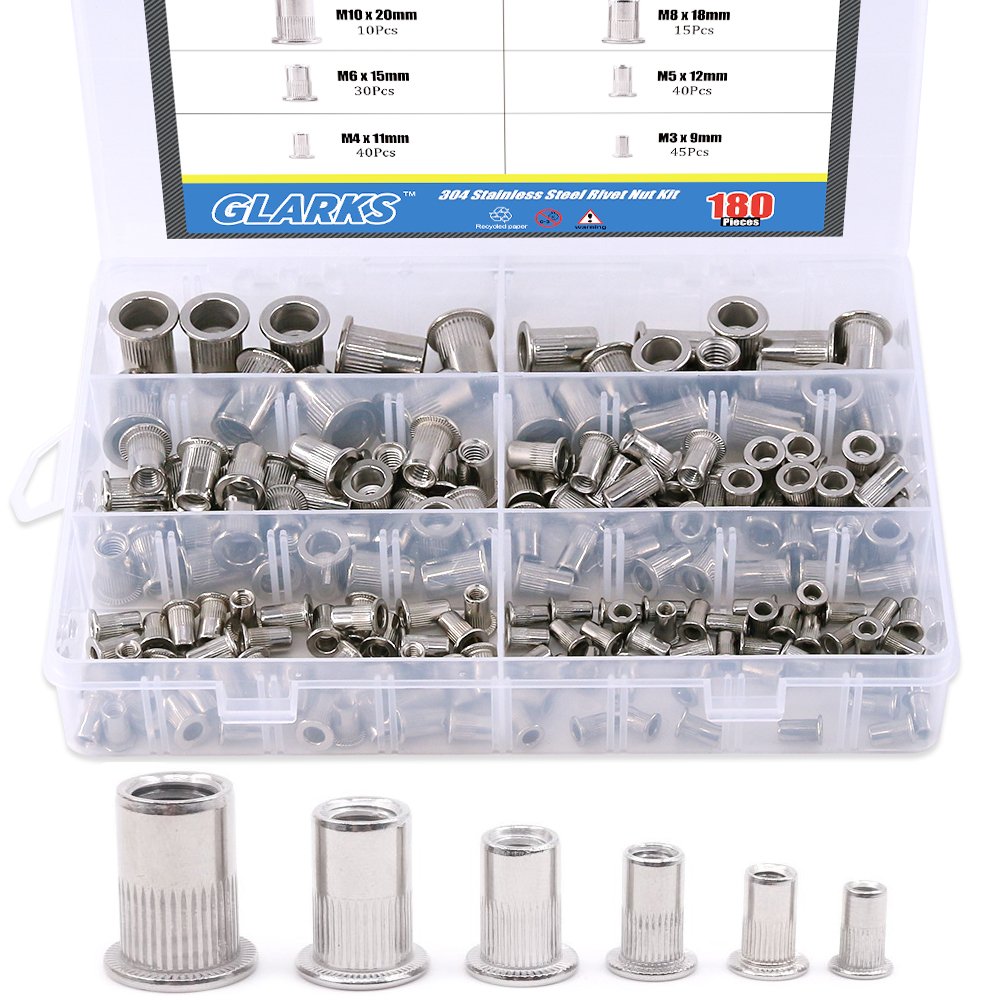 Glarks 180pcs M3/M4/M5/M6/M8/M10 Flat Head Rivet Nut Assortment Kit, Stainless