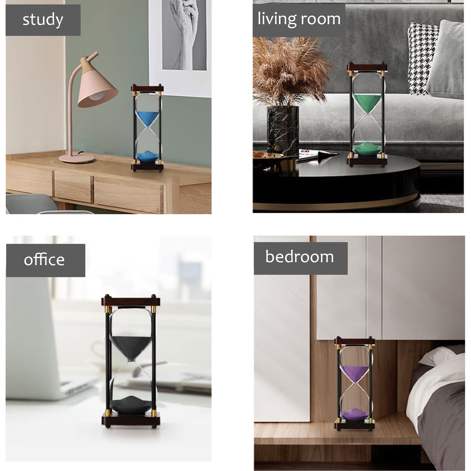 Sanduhr-Timer, Sanduhr-Timer aus Holz, dekorative Sanduhr, schwarzer Holzrahmen, Sand, schwarzer Holzrahmen, dekorative Sanduhr, 60 Minuten, Sanduhr, Couchtisch, Bücher, Schreibtisch, Regal, Schule, S