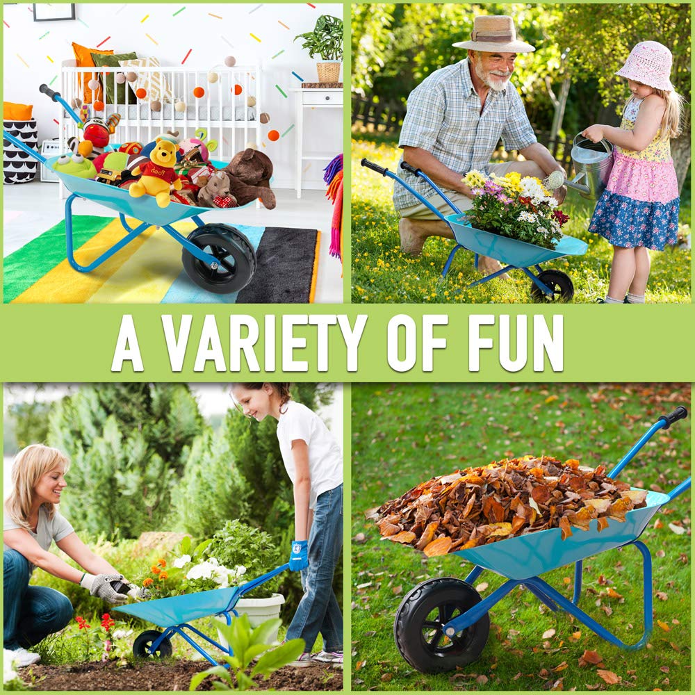 Colwelt Carriola in Metallo per Bambini, 5 Pezzi, Set da Giardinaggio Con Pala, Rastrello, Forchetta e Guanti (Blu)